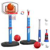 HYES 2 in 1 Kids Basketball Hoop and T Ball Set - Adjustable Height, Kids Baseball Tee with Automatic Pitching Machine, Indoor Outdoor Sport Toys Gifts for Toddler Boys Girls Age 1-5, Blue