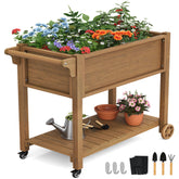 LUE BONA Raised Garden Beds Outdoor, 40 x 21 x 34 in, Raised Garden Bed with Wheels Lockable & Handlebar, Raised Garden Bed with Legs for Backyard, Weather Resistant, Teak Color-Oil Printed