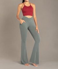 Sunzel Flare Leggings for Women with Pockets, Crossover Yoga Pants with Tummy Control, High Waisted and Wide Leg 30" Light Grey Large