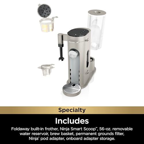Ninja Pod & Grounds Specialty Single-Serve Coffee Maker, K-Cup Pod Compatible, Brews Grounds, Compact Design, Built-In Milk Frother, 56-oz. Reservoir, 6-oz. Cup to 24-oz. Mug Sizes, Stone, PB051ST
