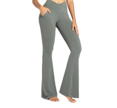 Sunzel Flare Leggings for Women with Pockets, Crossover Yoga Pants with Tummy Control, High Waisted and Wide Leg 30" Light Grey Large