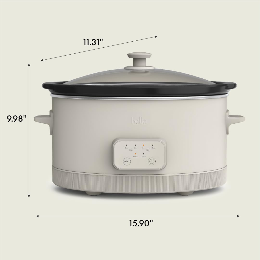 bella 6.0 Qt Programmable Slow Cooker, EverGood™ Ceramic Nonstick Coating, Adjustable Temperature & Cooking Times, Dishwasher Safe Stoneware Pot & Tempered Glass Lid, Tangle Free Cord Wrap, Oatmilk