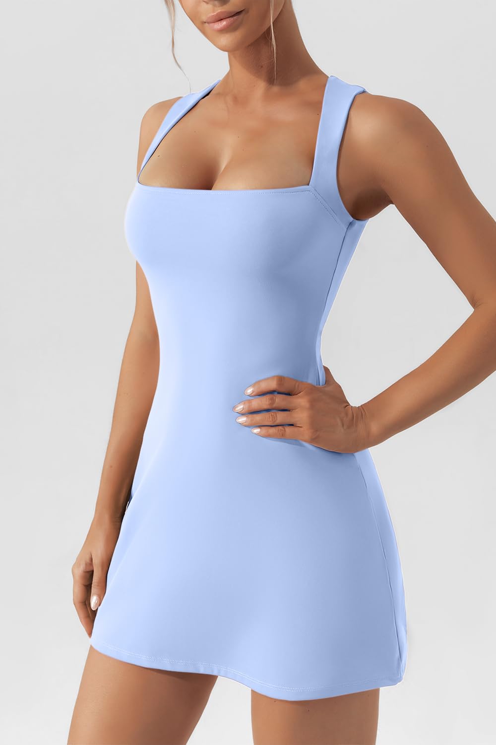 QINSEN Ladies Sleeveless Bodycon Dress Square Neck Slimming Fit Curvy Dress Airy Blue L