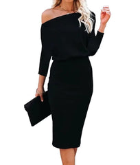 Ezbelle Off The Shoulder Dresses for Women Batwing 3/4 Sleeve HIPS Wrap Bodycon Dress Elegant Party Clubwear Black Medium