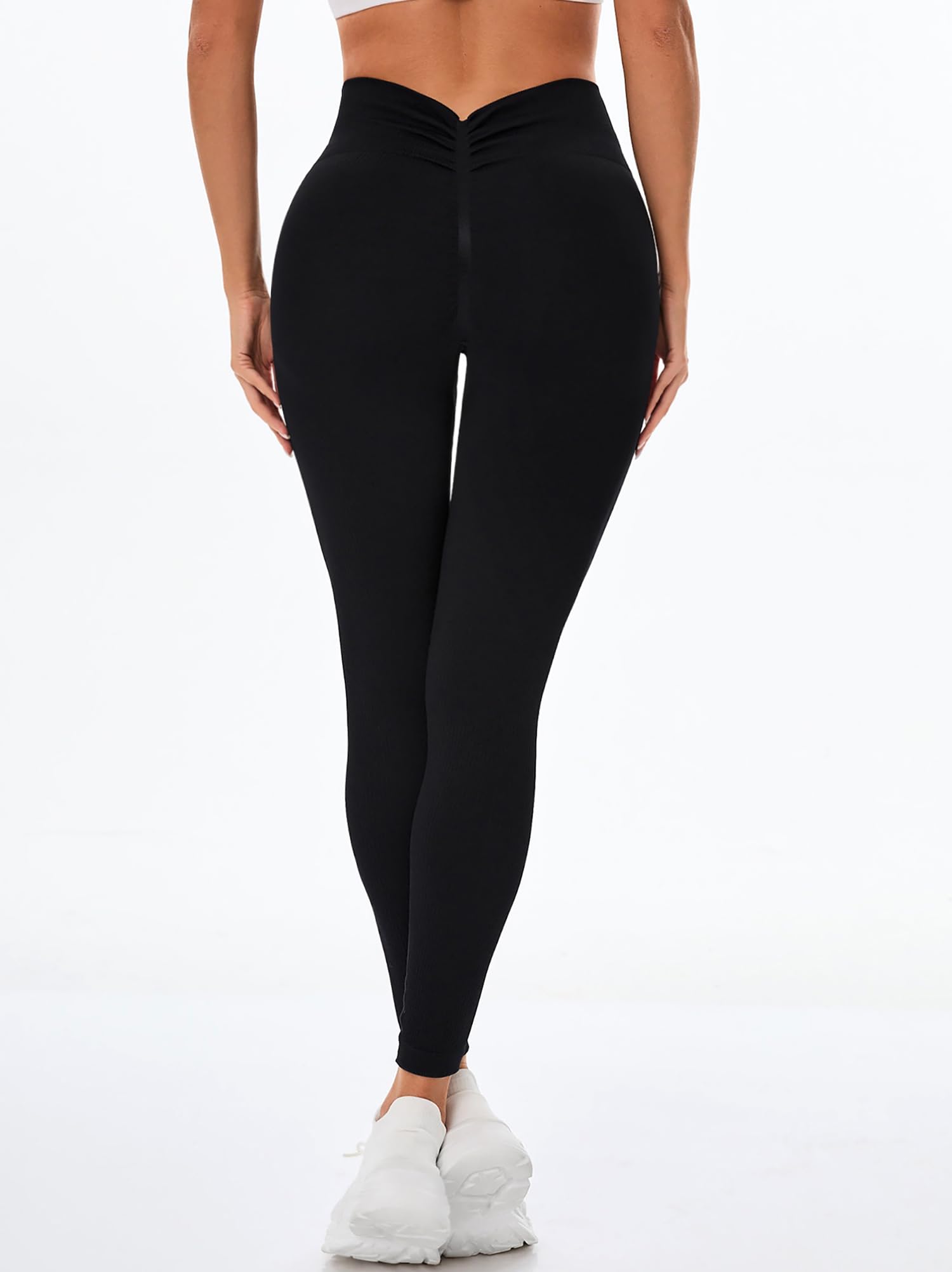 QSHOW V Back Workout Leggings for Women,Seamless High Waisted Leggings Womens Black Butt Lifting Leggings for Women Tummy Control Buttery Soft Leggings for Women Compression Yoga Gym Leggings
