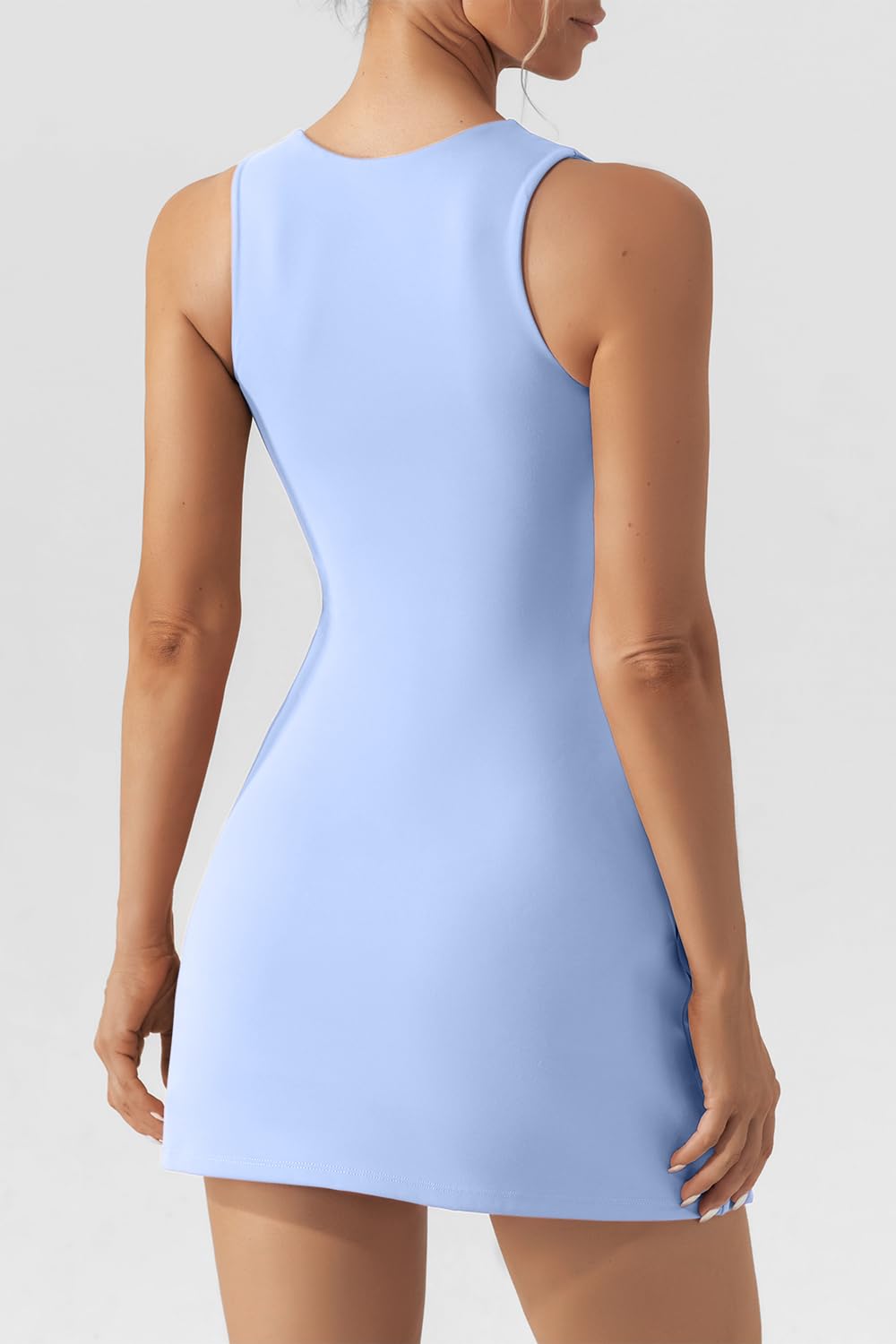 QINSEN Ladies Sleeveless Bodycon Dress Square Neck Slimming Fit Curvy Dress Airy Blue L