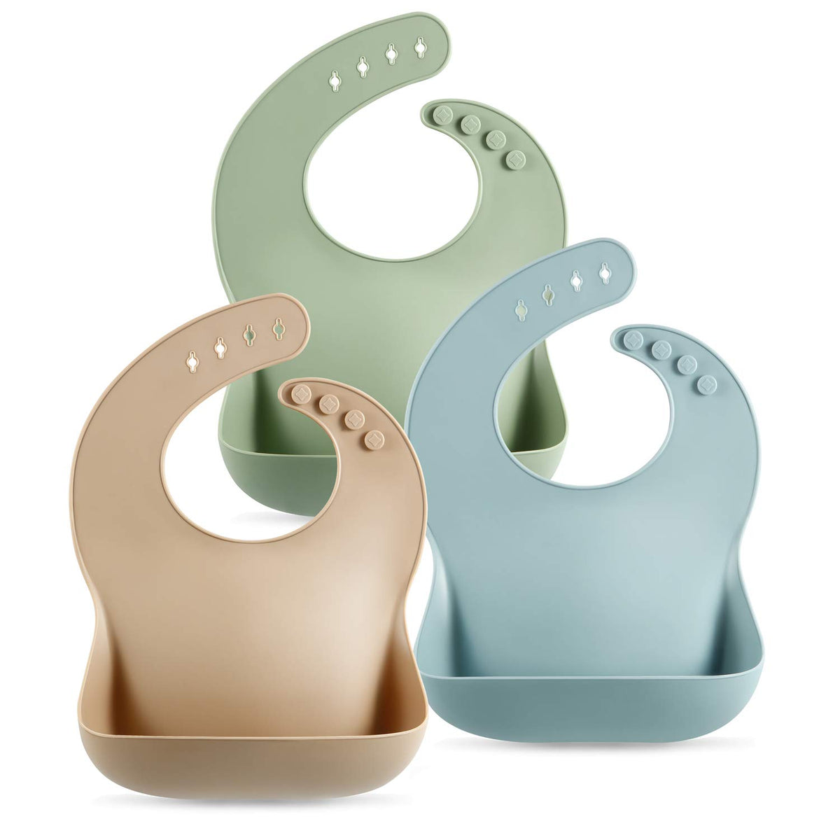 PandaEar Set of 3 Silicone Baby Bibs Waterproof, Soft, Unisex, 10-72 Months (Brown/Blue/Green)