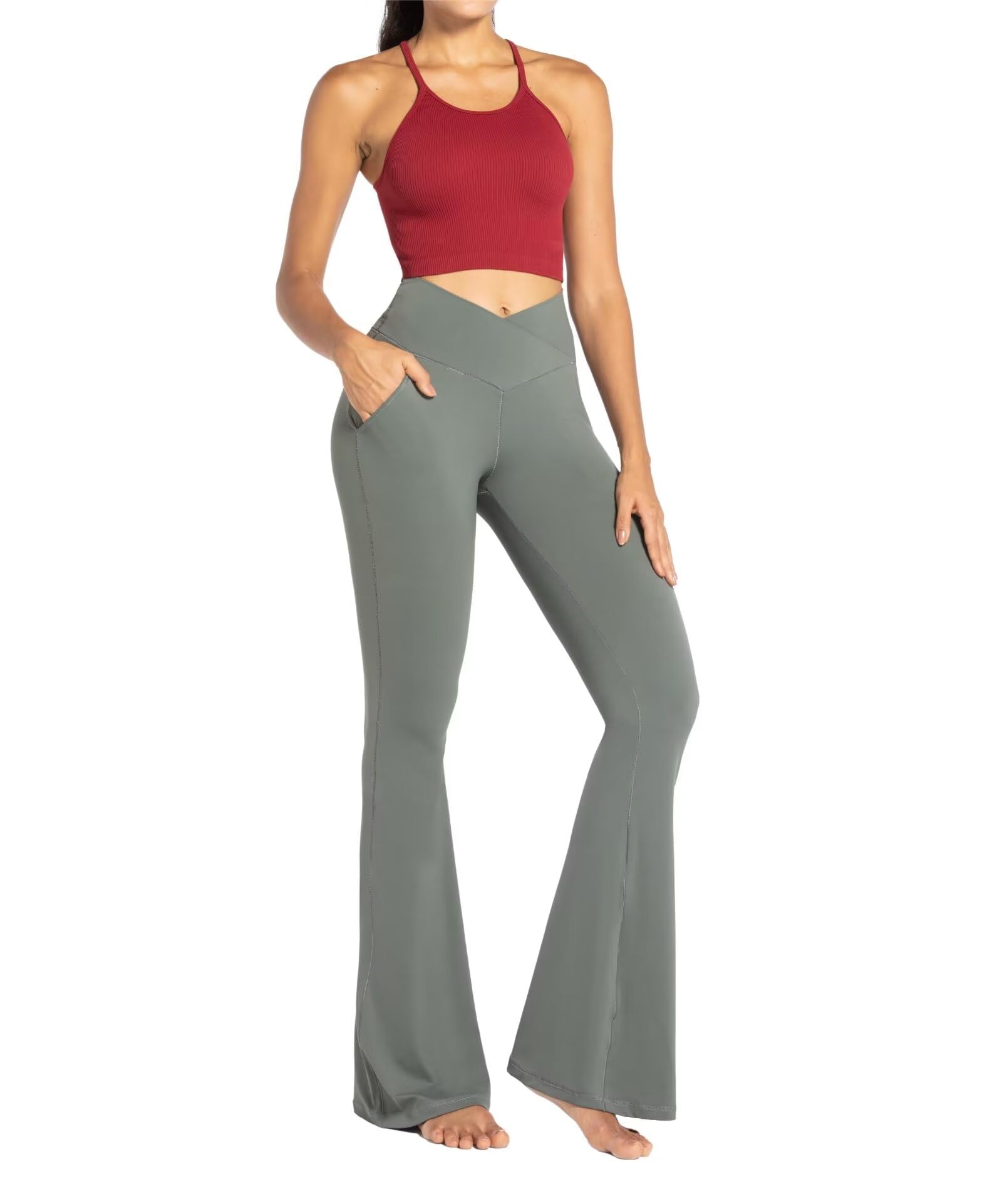 Sunzel Flare Leggings for Women with Pockets, Crossover Yoga Pants with Tummy Control, High Waisted and Wide Leg 30" Light Grey Large