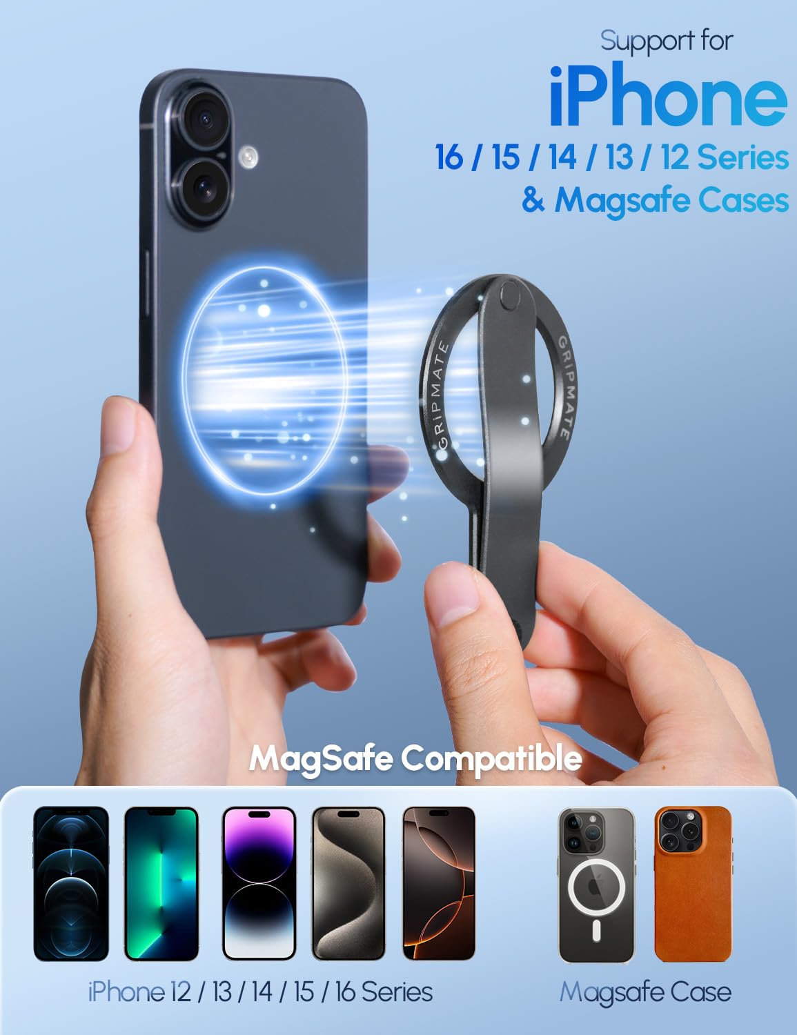 GripMate MagSafe Phone Grip for iPhone - Magnetic Phone Ring Holder Detachable for iPhone 16 - Comfortable Finger Phone Ring Grip for Apple 15/14/13/12,Black