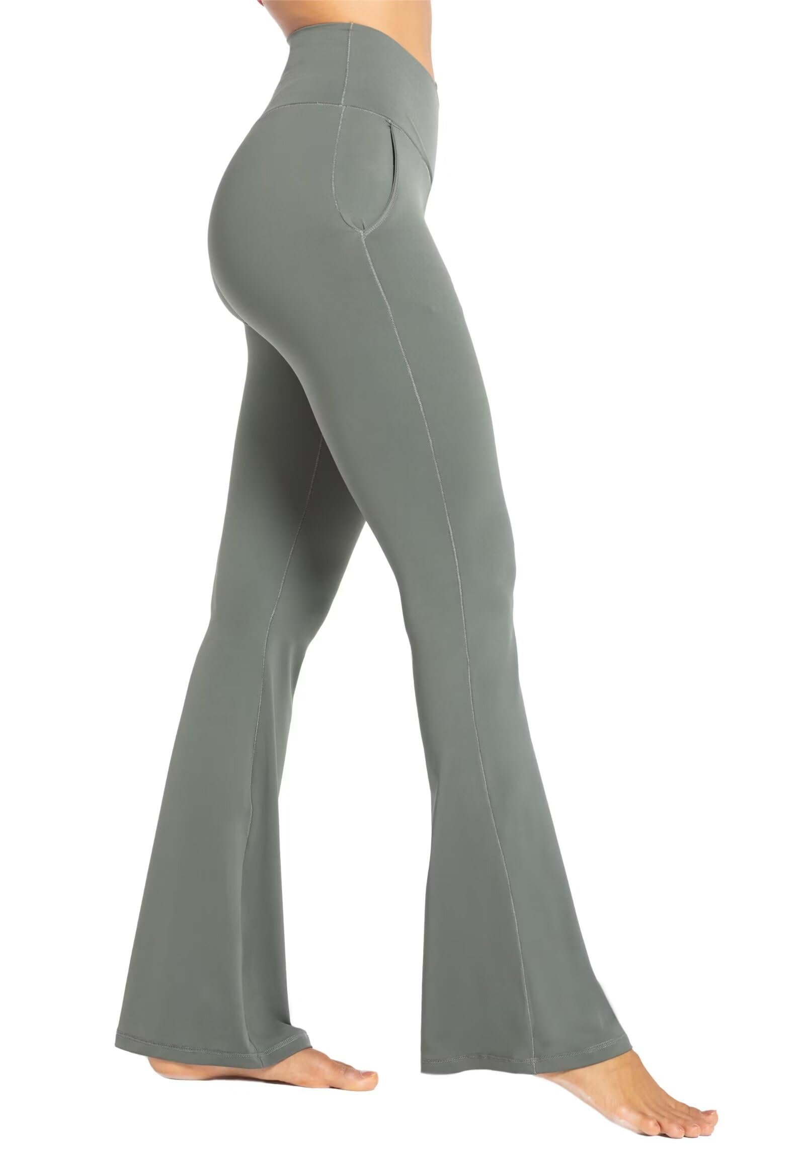 Sunzel Flare Leggings for Women with Pockets, Crossover Yoga Pants with Tummy Control, High Waisted and Wide Leg 30" Light Grey Large