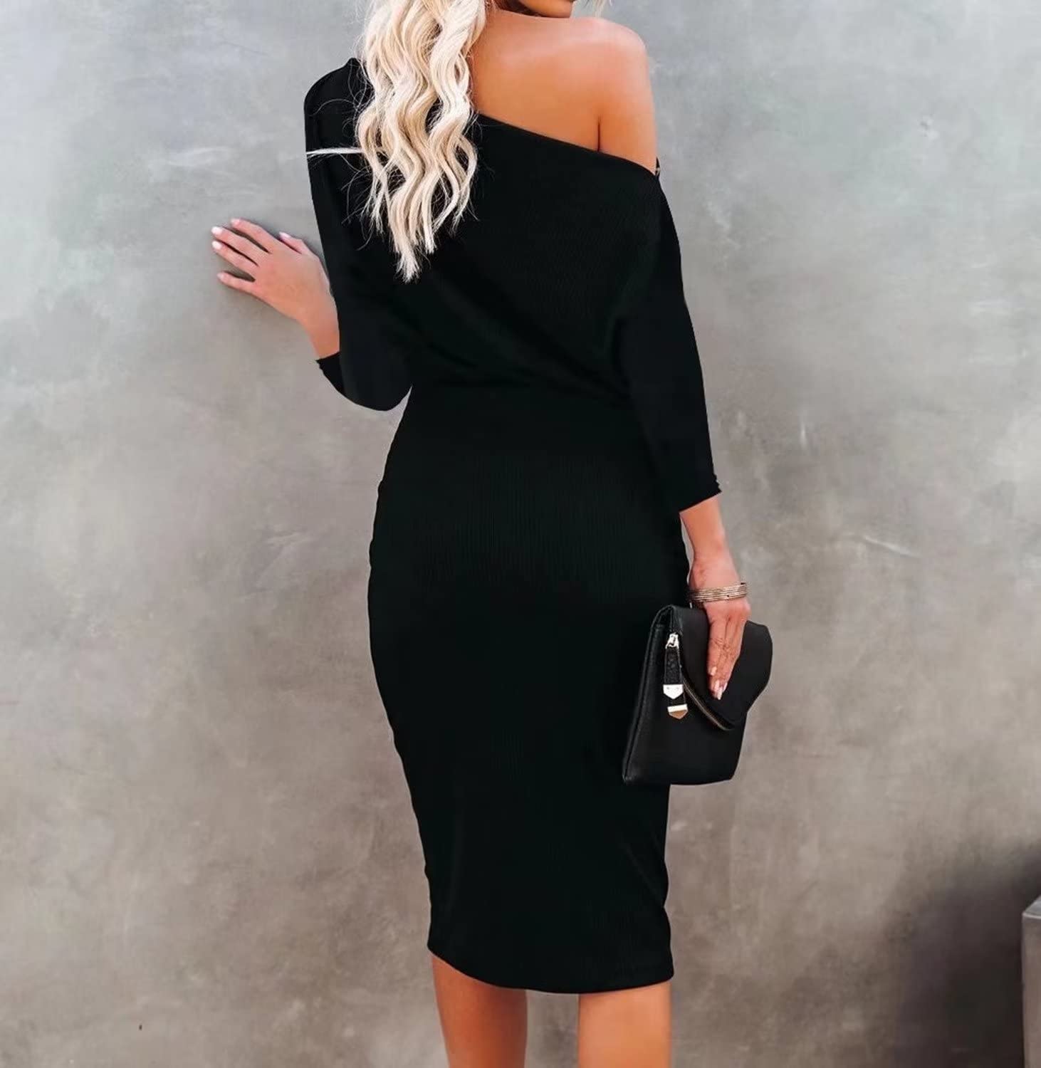 Ezbelle Off The Shoulder Dresses for Women Batwing 3/4 Sleeve HIPS Wrap Bodycon Dress Elegant Party Clubwear Black Medium