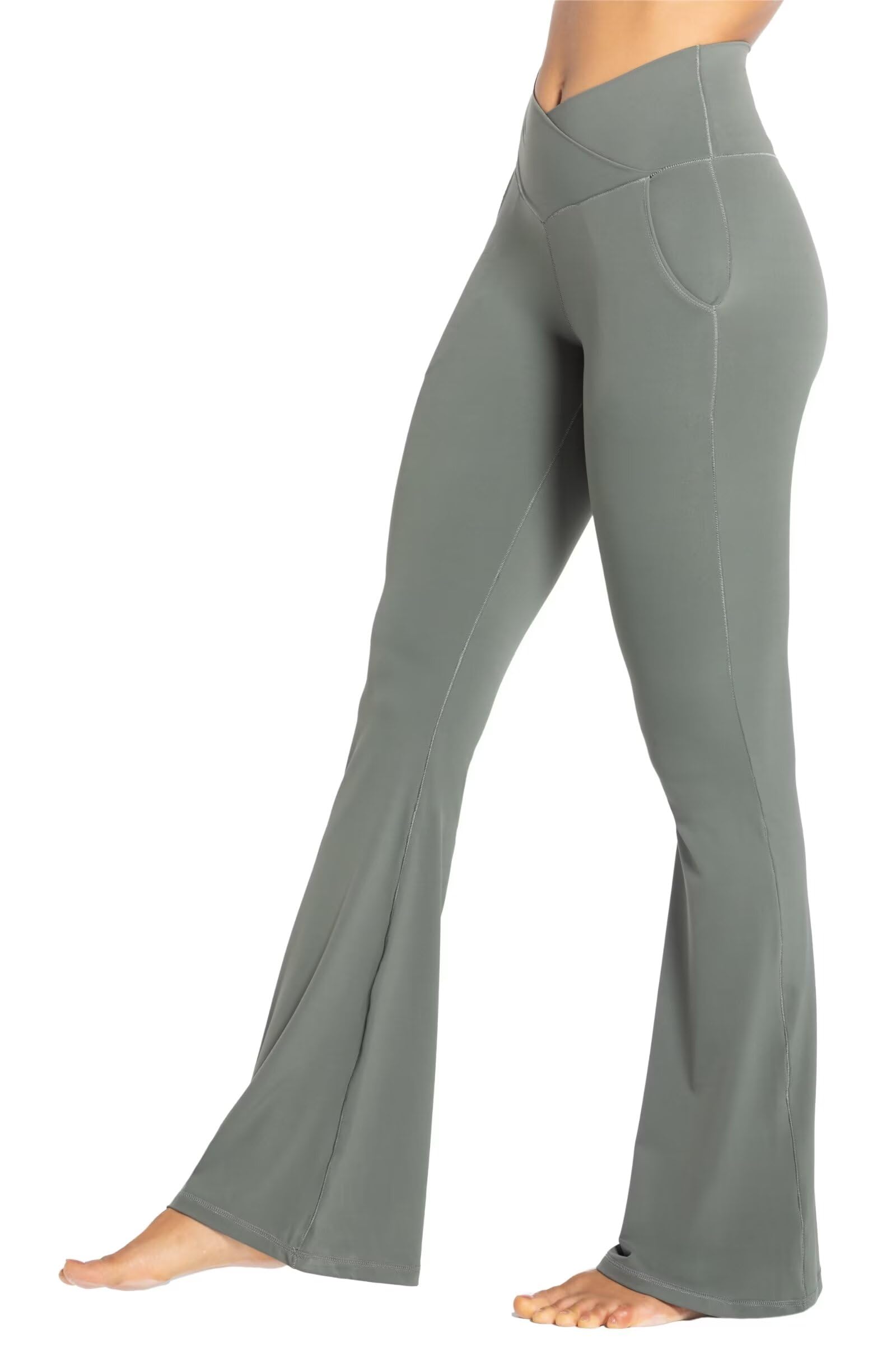 Sunzel Flare Leggings for Women with Pockets, Crossover Yoga Pants with Tummy Control, High Waisted and Wide Leg 30" Light Grey Large