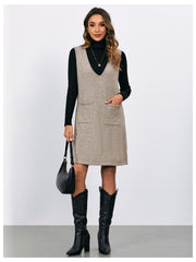 OYOANGLE Women's V Neck Sleeveless Knitted Solid Short Sweater Dress with Pockets Khaki M