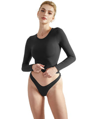 SUUKSESS Women Double Lined Fitted Basic Tee Shirts Crew Neck Long Sleeve Going Out Crop Tops (Jet Black, S)