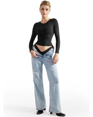 SUUKSESS Women Double Lined Fitted Basic Tee Shirts Crew Neck Long Sleeve Going Out Crop Tops (Jet Black, S)
