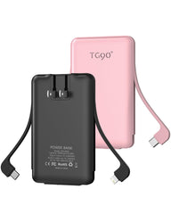 TG90° 2 Pack Portable Charger Power Bank, 5000mAh External Battery Pack with Built-in Foldable AC Wall Plug and Cables, Small USB C Charger Compatible with iPhone16/15 Series and Android Devices
