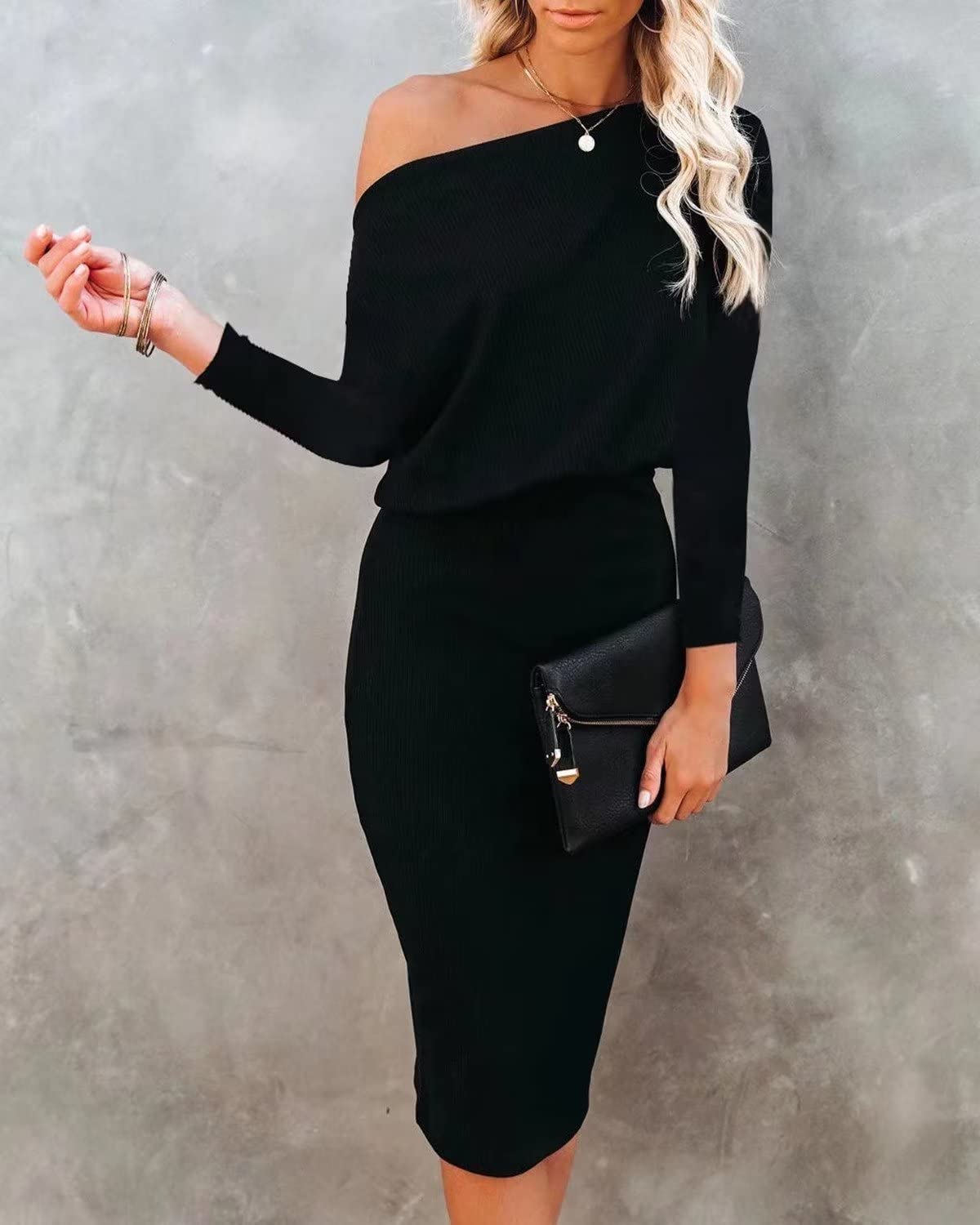 Ezbelle Off The Shoulder Dresses for Women Batwing 3/4 Sleeve HIPS Wrap Bodycon Dress Elegant Party Clubwear Black Medium