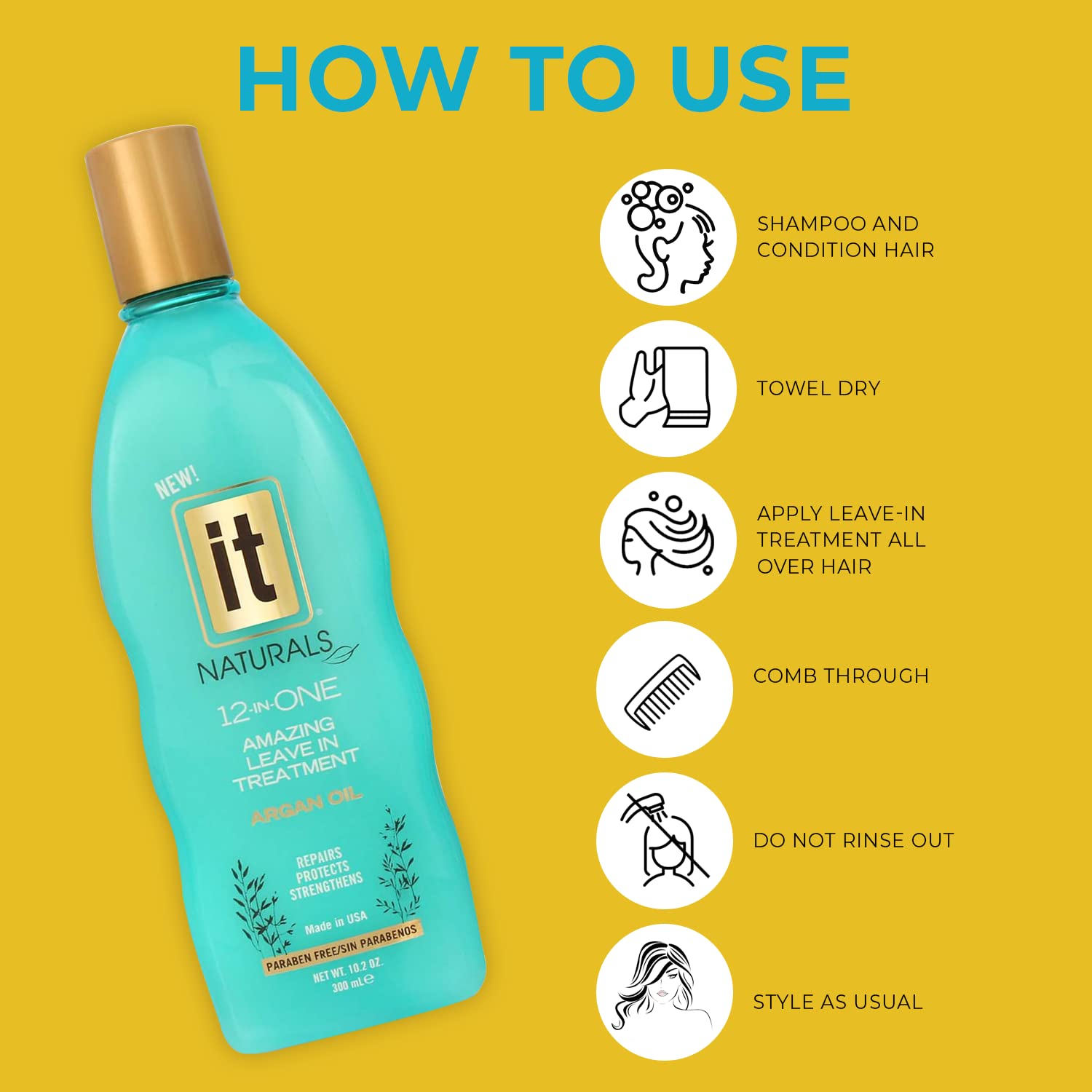 IT Naturals Argan Oil 12-In-One Amazing Leave In Treatment, 10.2oz - Repairs, Protects & Strengthen Hair Split Ends & Breakage - for All Hair Types - Moisturizing & Volumizing - Paraben Free