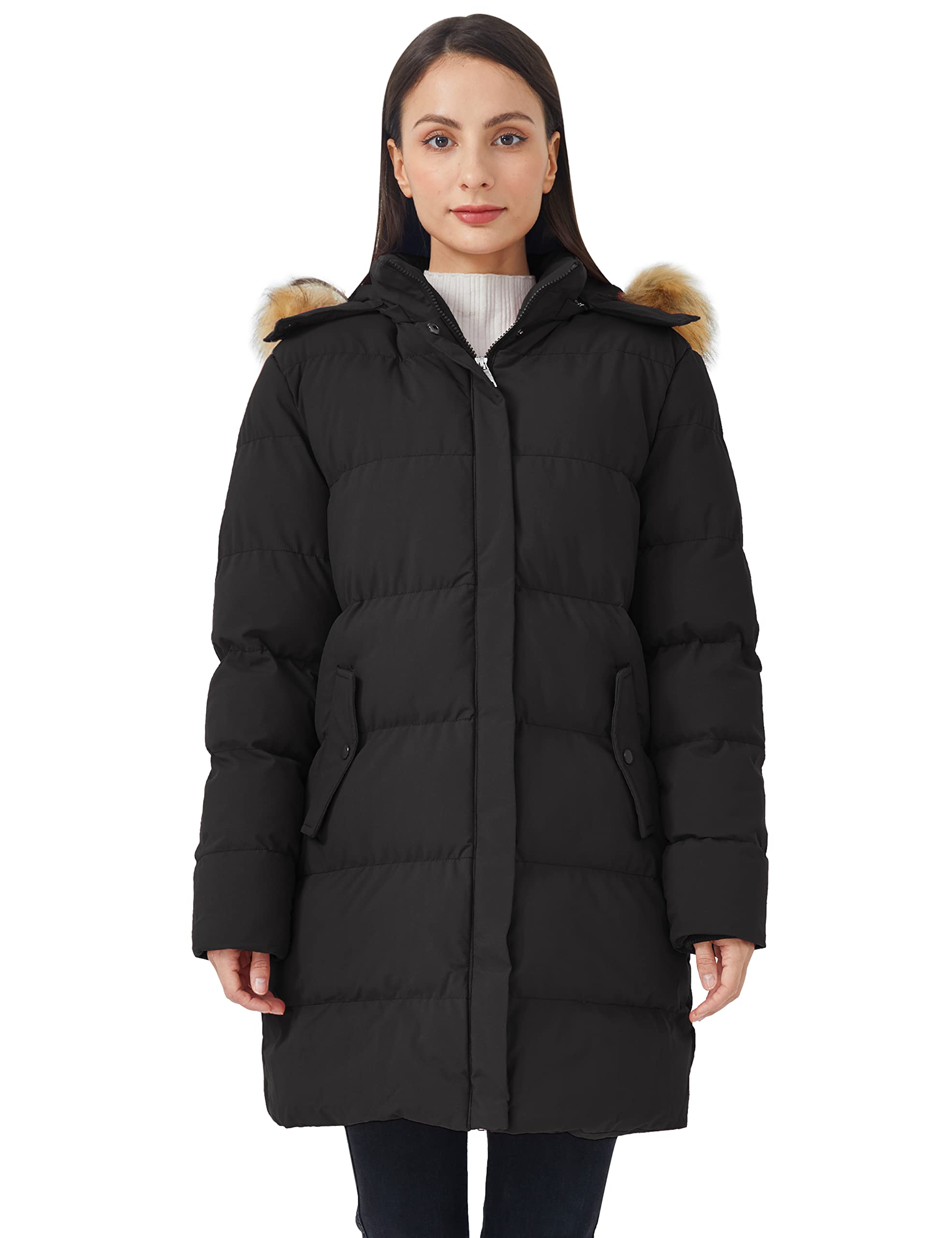 WenVen Women's Bulky Winter Thicken Jacket with Fur Trim Hood (Black,M)