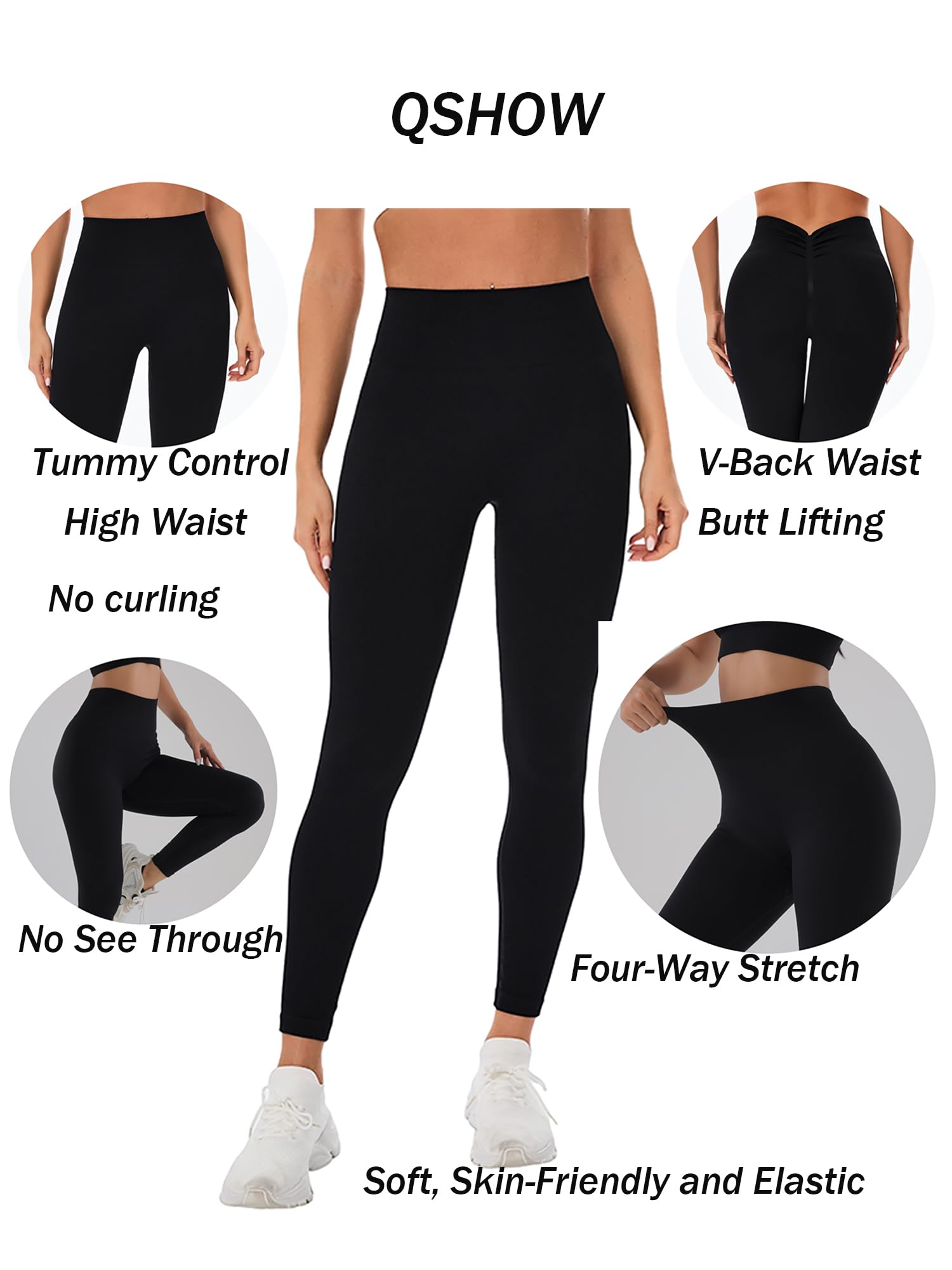 QSHOW V Back Workout Leggings for Women,Seamless High Waisted Leggings Womens Black Butt Lifting Leggings for Women Tummy Control Buttery Soft Leggings for Women Compression Yoga Gym Leggings