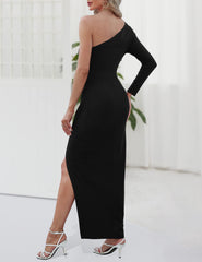 Sarin Mathews Womens One Shoulder Long Sleeve Cocktail Dresses Sexy Bodycon Ruched Wrap Split Party Formal Long Dress Black M