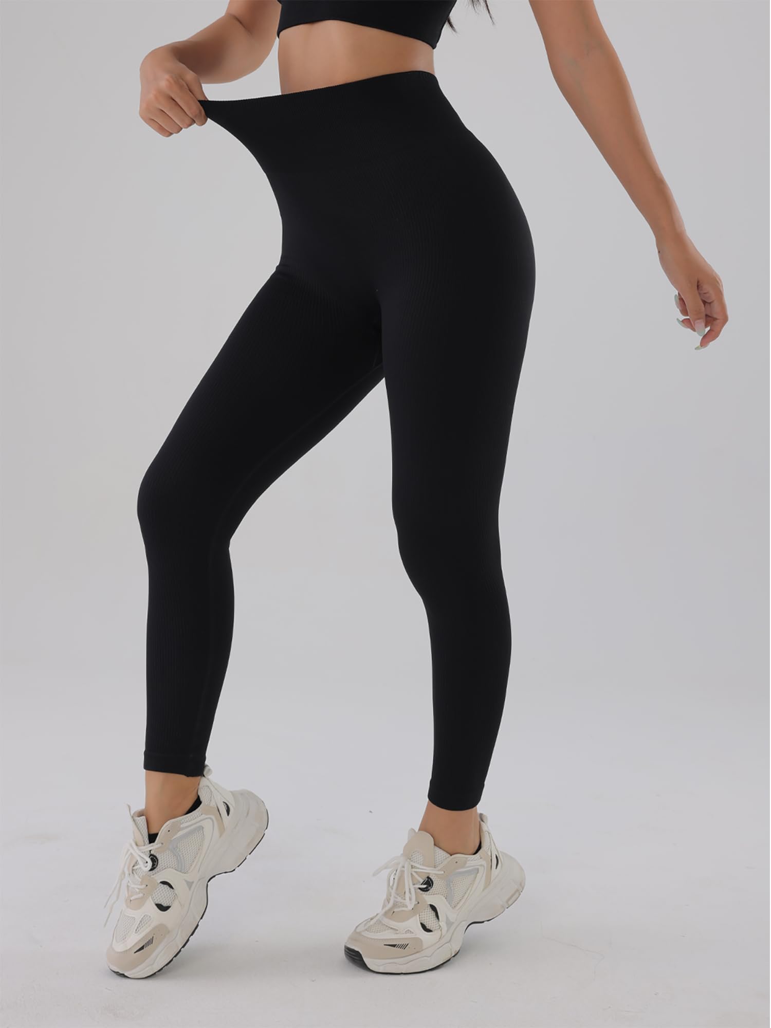 QSHOW V Back Workout Leggings for Women,Seamless High Waisted Leggings Womens Black Butt Lifting Leggings for Women Tummy Control Buttery Soft Leggings for Women Compression Yoga Gym Leggings