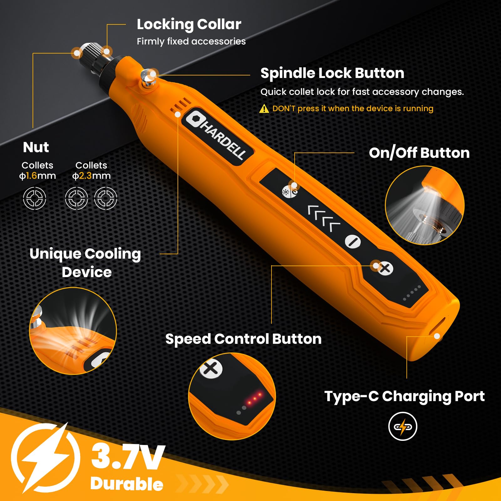 HARDELL Mini Cordless Rotary Tool Kit, 5-Speed and USB Charging with 61 Accessories, Multi-Purpose 3.7V Power Rotary Tool for Sanding, Polishing, Drilling, Etching, Engraving, DIY Crafts