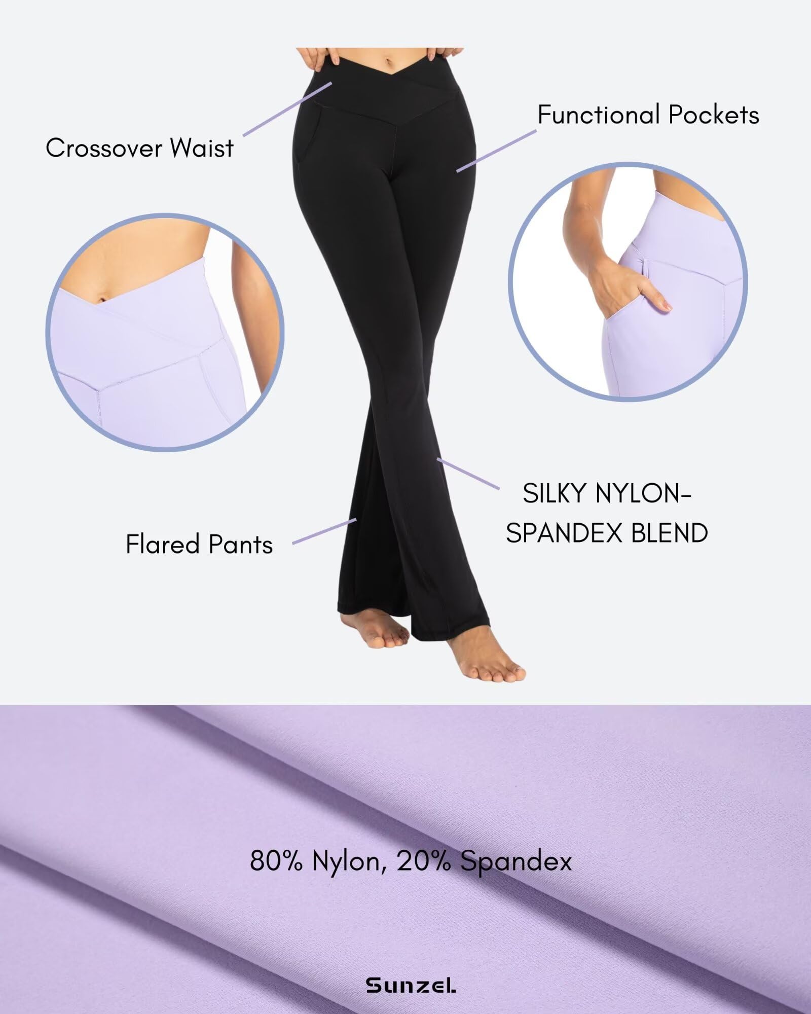 Sunzel Flare Leggings for Women with Pockets, Crossover Yoga Pants with Tummy Control, High Waisted and Wide Leg 30" Light Grey Large