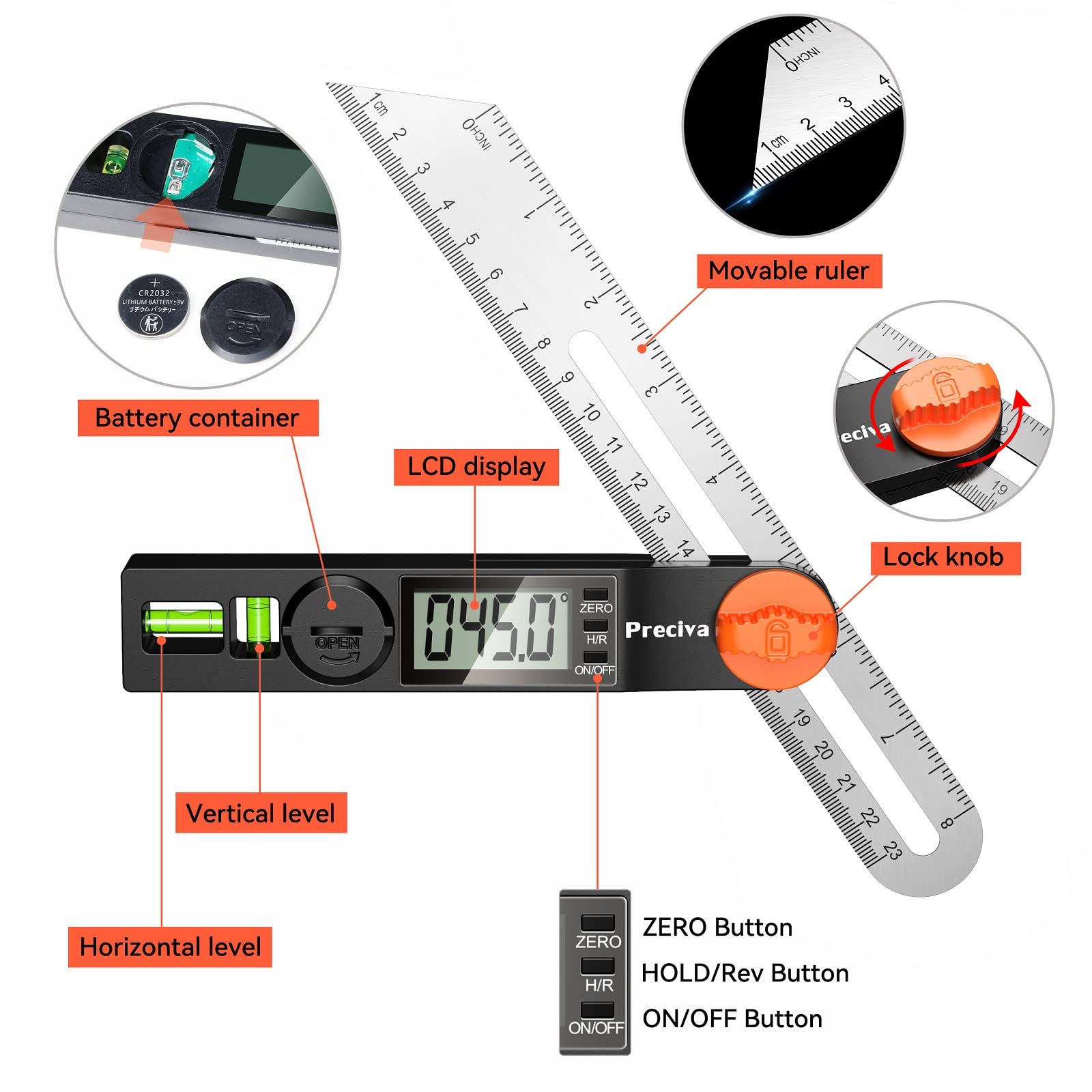 Preciva T-Bevel Gauge & Protractor with Horizontal and Vertical Bubble,0-338° Digital Angle Finder Protractor 230mm/8inch Display for Carpentry Woodworking, Metalworking, Construction