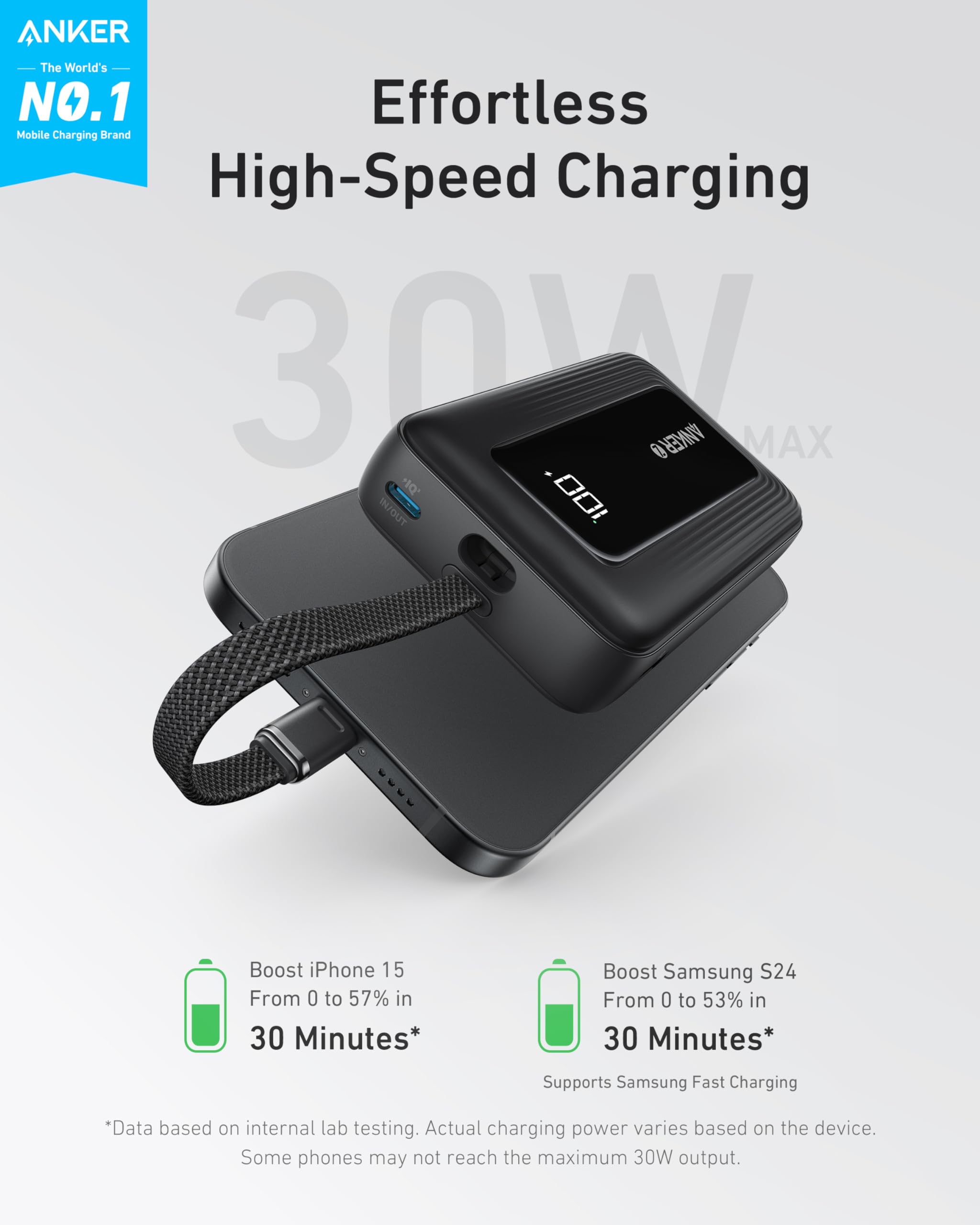 Anker Zolo Portable Charger, 10,000mAh 30W Power Bank with Built-in Lanyard USB-C Cable for Travel, Fast Charging Battery Pack for iPhone 16/15 Series, MacBook, Galaxy, iPad, and More