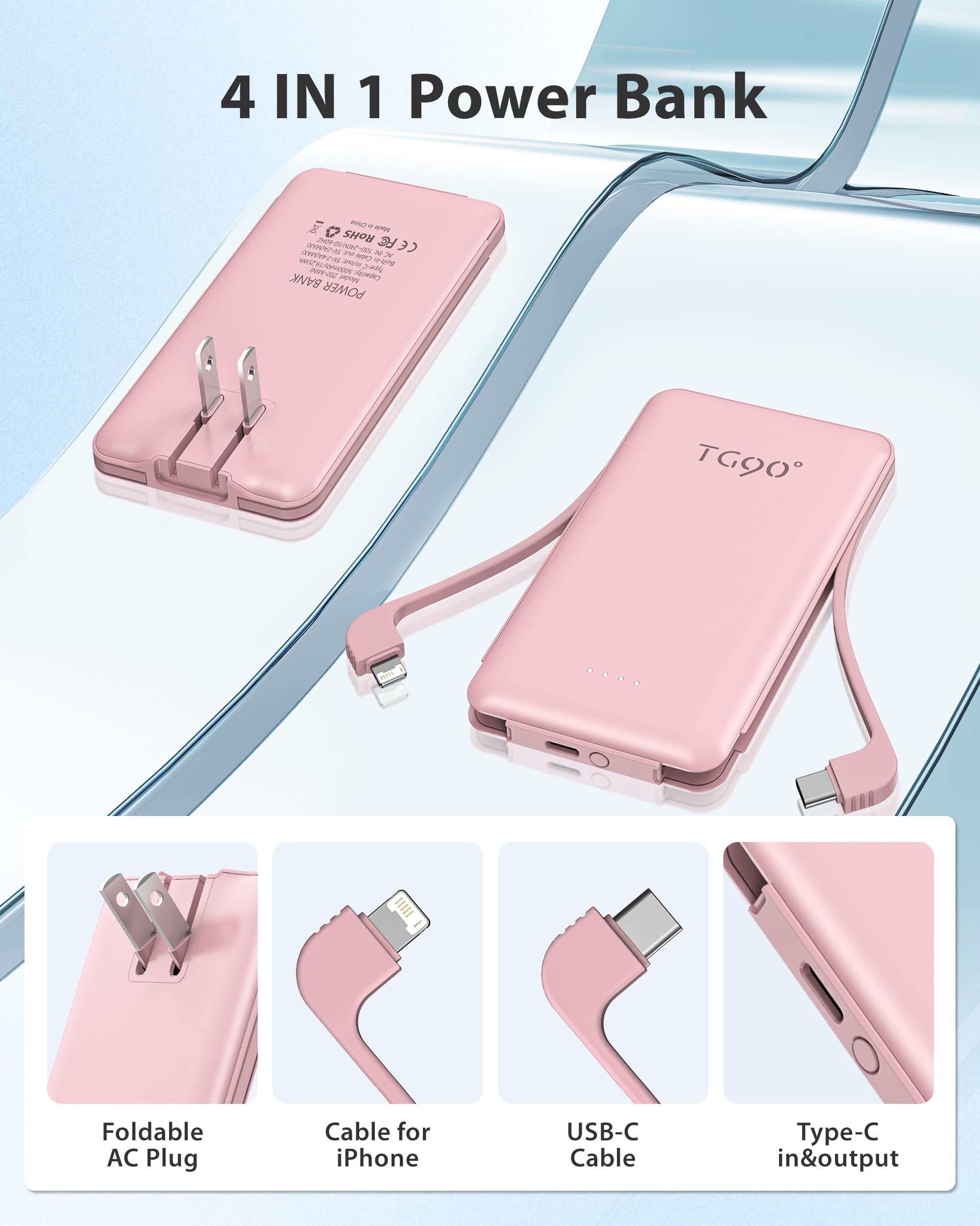 TG90° 2 Pack Portable Charger Power Bank, 5000mAh External Battery Pack with Built-in Foldable AC Wall Plug and Cables, Small USB C Charger Compatible with iPhone16/15 Series and Android Devices