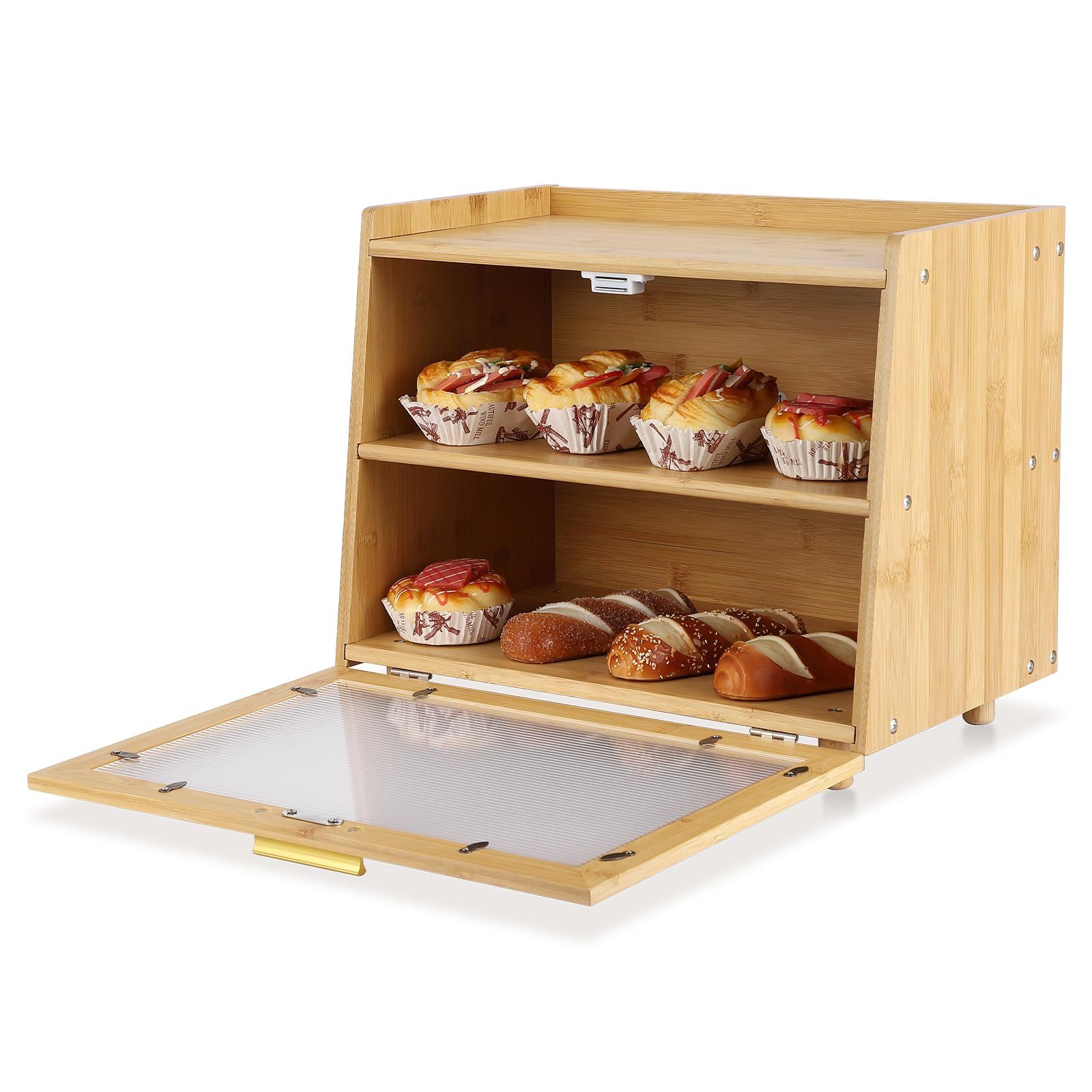 MilleLoom 2 Layer Bread Box, Modern Countertop Bread Storage Bin with Fence Top, Transparent Acrylic Door Panel, Farmhouse Bamboo Corner Bread Container Bread Keeper for Kitchen, Black