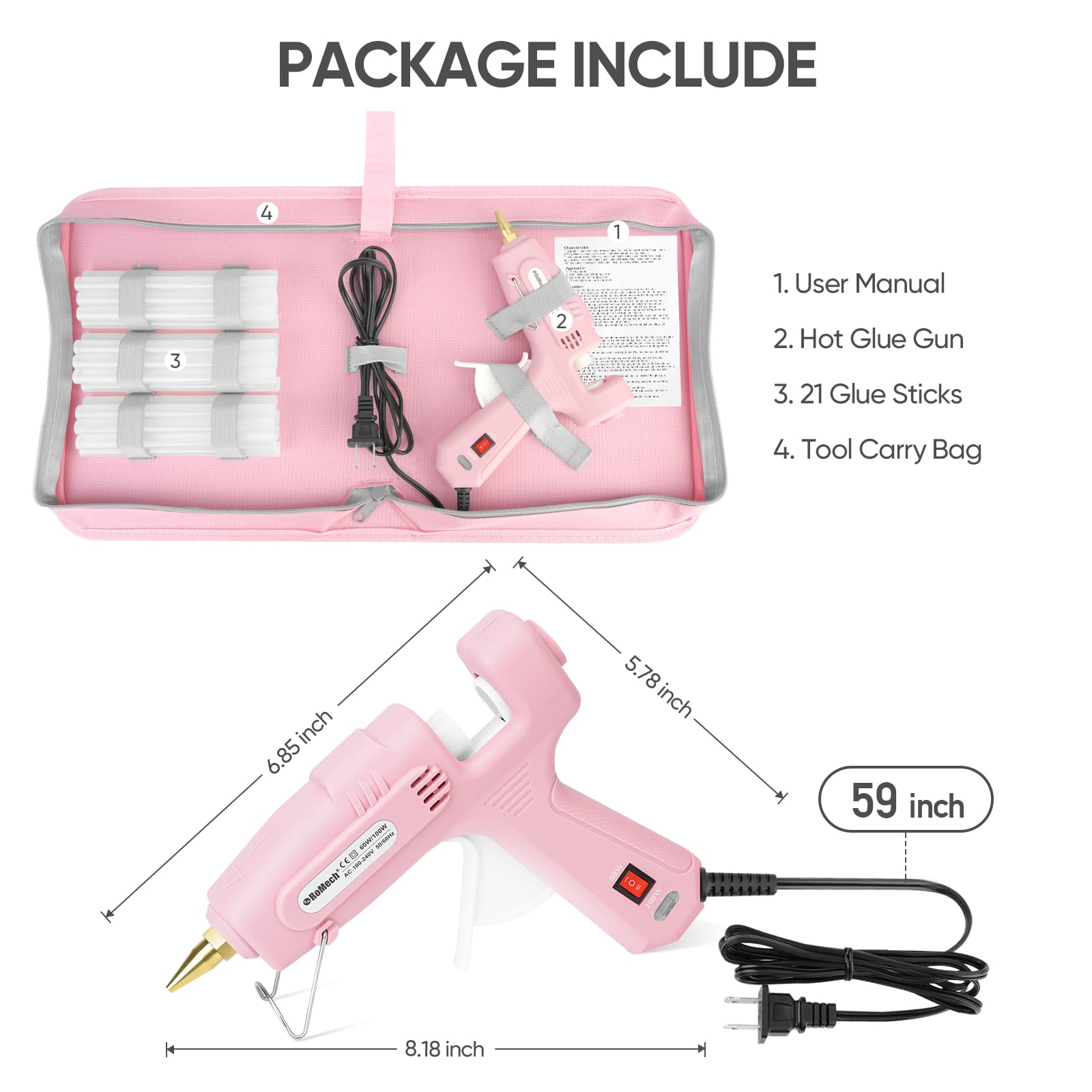 ROMECH Full Size Hot Glue Gun with 60/100W Dual Power and 21 Hot Glue Sticks (7/16"), Fast Preheating Heavy Duty Industrial Gluegun with Storage Case for Crafting, DIY and Repairs (Pink)