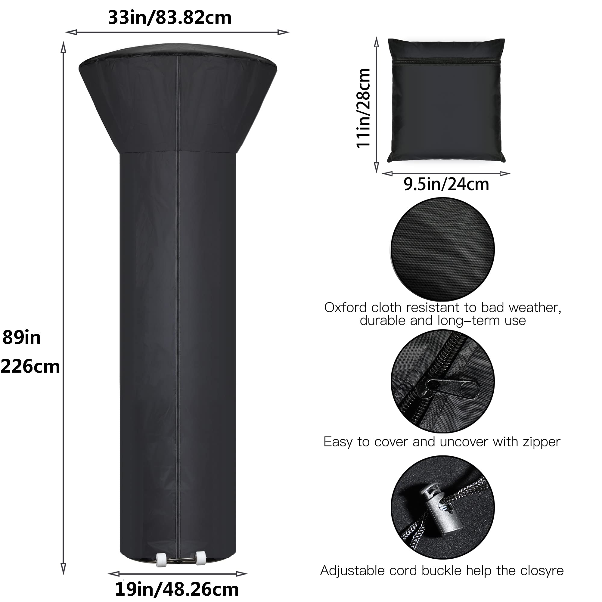Patio Heater Covers with Zipper and Storage Bag,Waterproof,Dustproof,Wind-Resistant,Sunlight-Resistant,Snow-Resistant,Black,89'' Height x 33" Dome x 19" Base