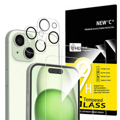 NEW'C 4 Pack, 2 Pack Screen Protector for iPhone 15 [6.1 inch] + 2 Pack Camera Lens Protector, Sensor Protection,Case Friendly Tempered Glass Film