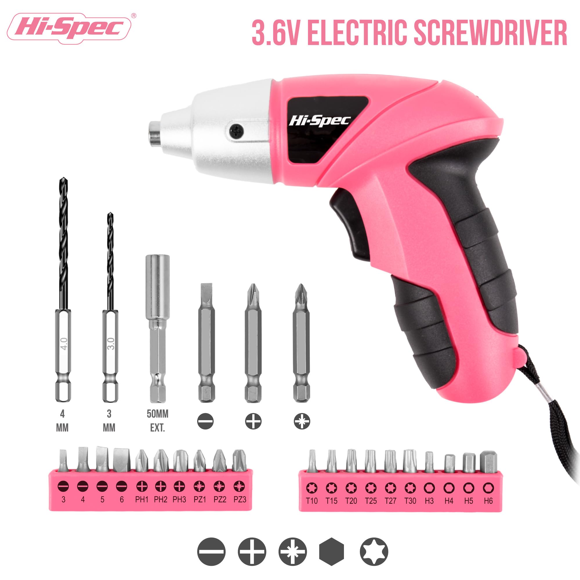 Hi-Spec Electric Screwdriver 27pc 3.6V Pink USB Small Power Screwdriver Set. Cordless Screwdriver & Rechargeable Screwdriver with Driver Bit Set