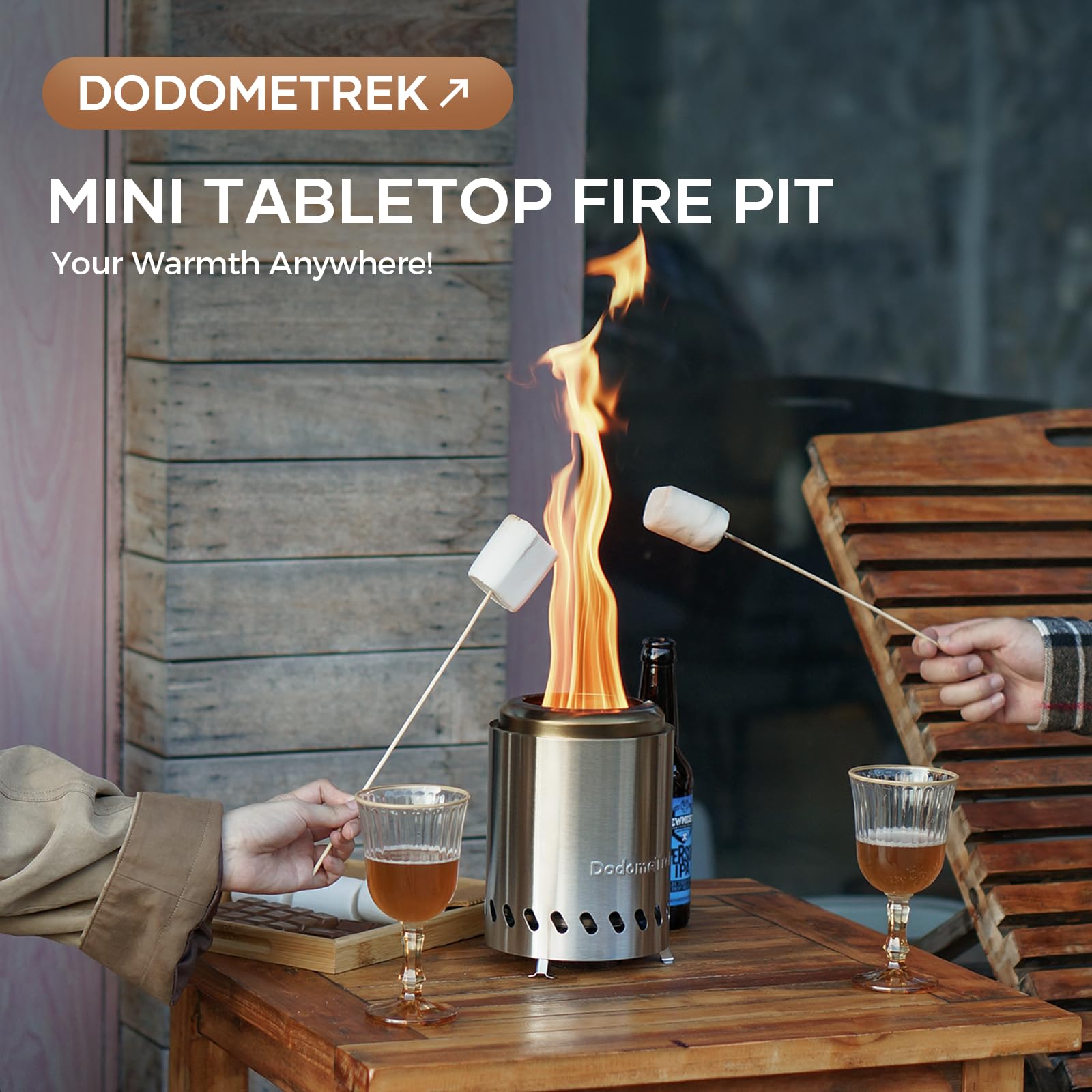 DodomeTrek Tabletop Fire Pit-7.1'' Smokeless Firepits with Carry Bag, Mini Outdoor Fire Pit with Stand, Portable Camping Firepit Stove for Patio | Fueled by Pellets or Wood | Silver Stainless Steel