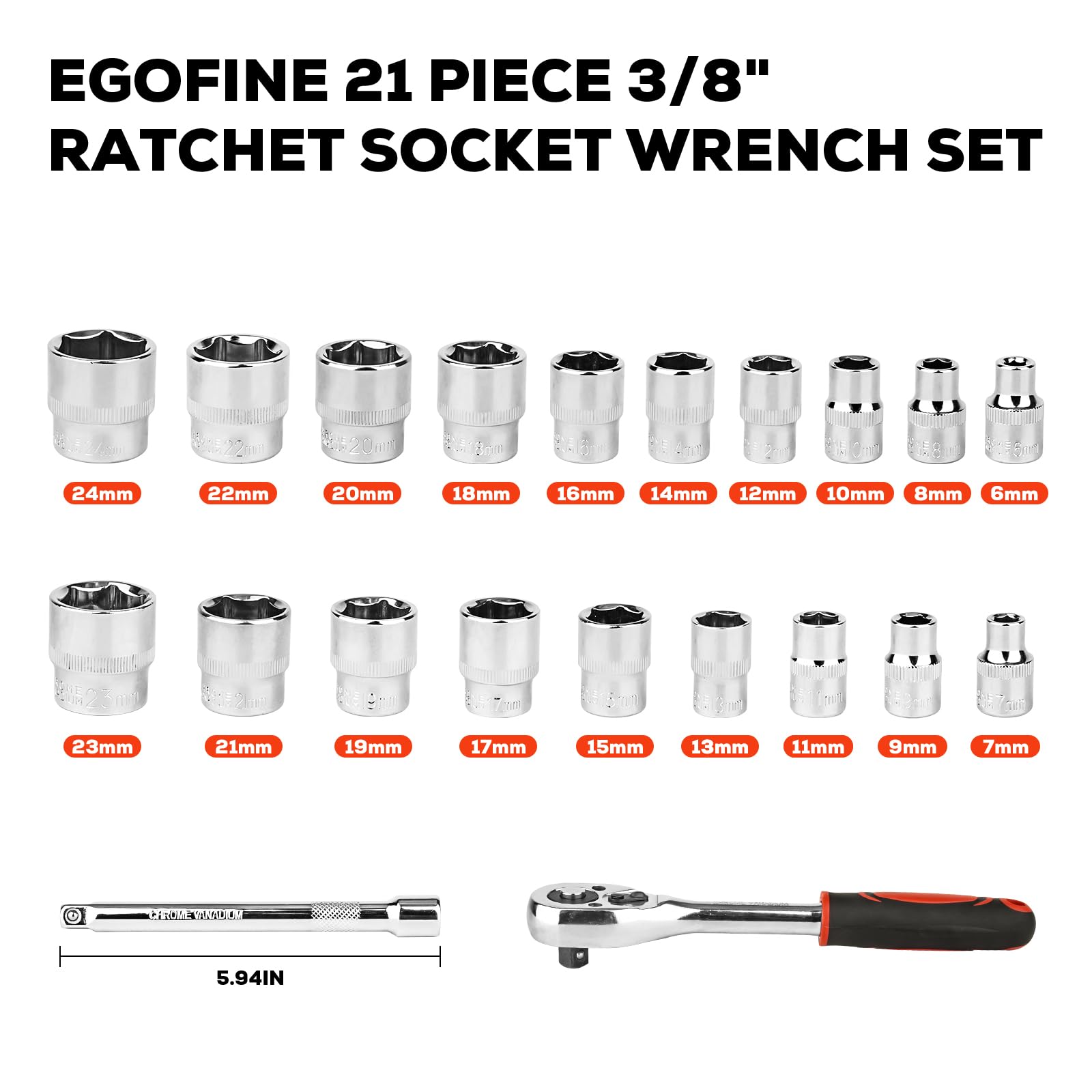 Egofine 21pcs 3/8 Inch Ratchet Socket Wrench Set, Drive Socket Set with 19 Sockets, 6-24mm sockets