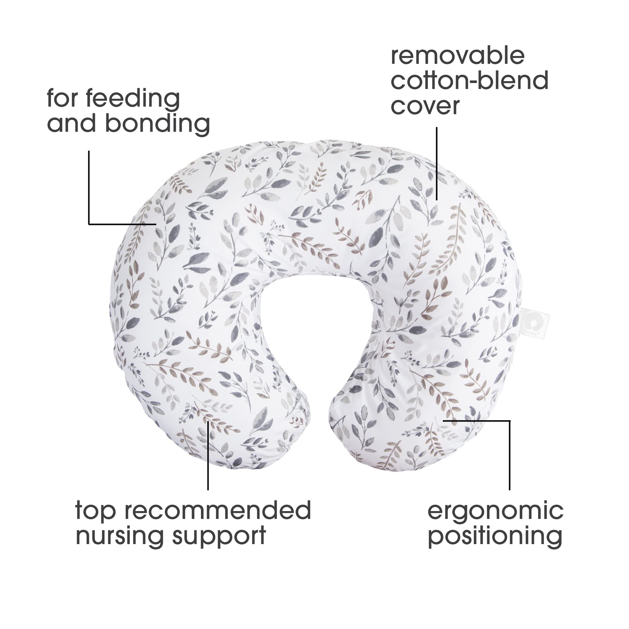 Boppy Nursing Pillow Original Support, Gray Taupe Leaves, Ergonomic Nursing Essentials for Bottle and Breastfeeding, Firm Fiber Fill, with Removable Nursing Pillow Cover, Machine Washable