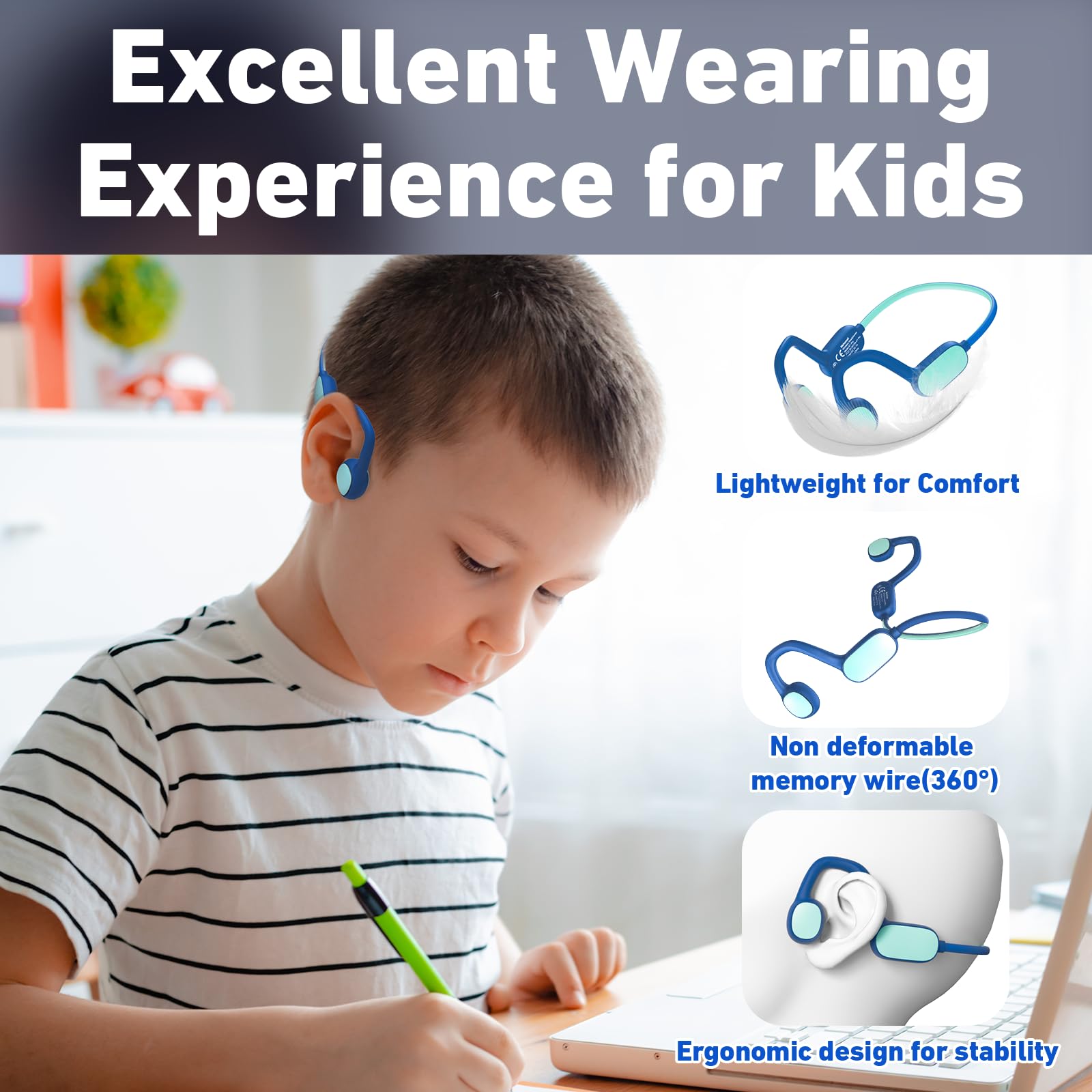 Mehomeli Kids Headphones, Bluetooth 5.2 Air Conduction Open Ear Headphones, 85dB Volume Limiting, Stereo Sound with Mic, IPX5 Waterproof, 20H Playtime, Perfect for School and Outdoor Activities-Blue