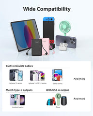 TG90° 2 Pack Portable Charger Power Bank, 5000mAh External Battery Pack with Built-in Foldable AC Wall Plug and Cables, Small USB C Charger Compatible with iPhone16/15 Series and Android Devices