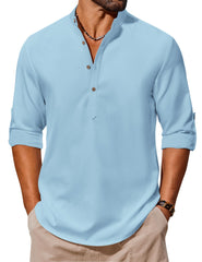 COOFANDY Men's T-Shirts Henley Shirts Summer Long Sleeve Beach Shirts Plain Casual Hippie Breathable Shirts Blue