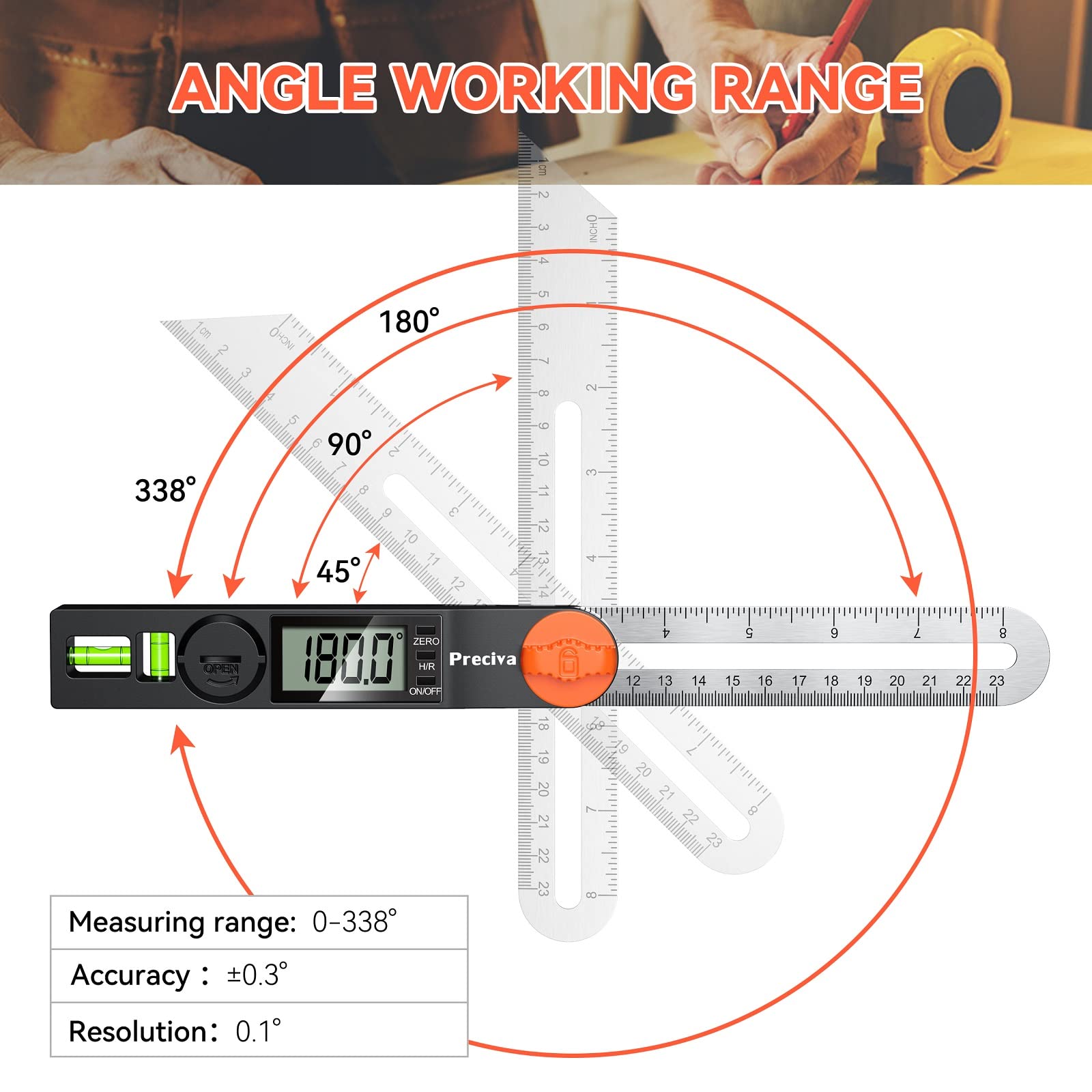 Preciva T-Bevel Gauge & Protractor with Horizontal and Vertical Bubble,0-338° Digital Angle Finder Protractor 230mm/8inch Display for Carpentry Woodworking, Metalworking, Construction
