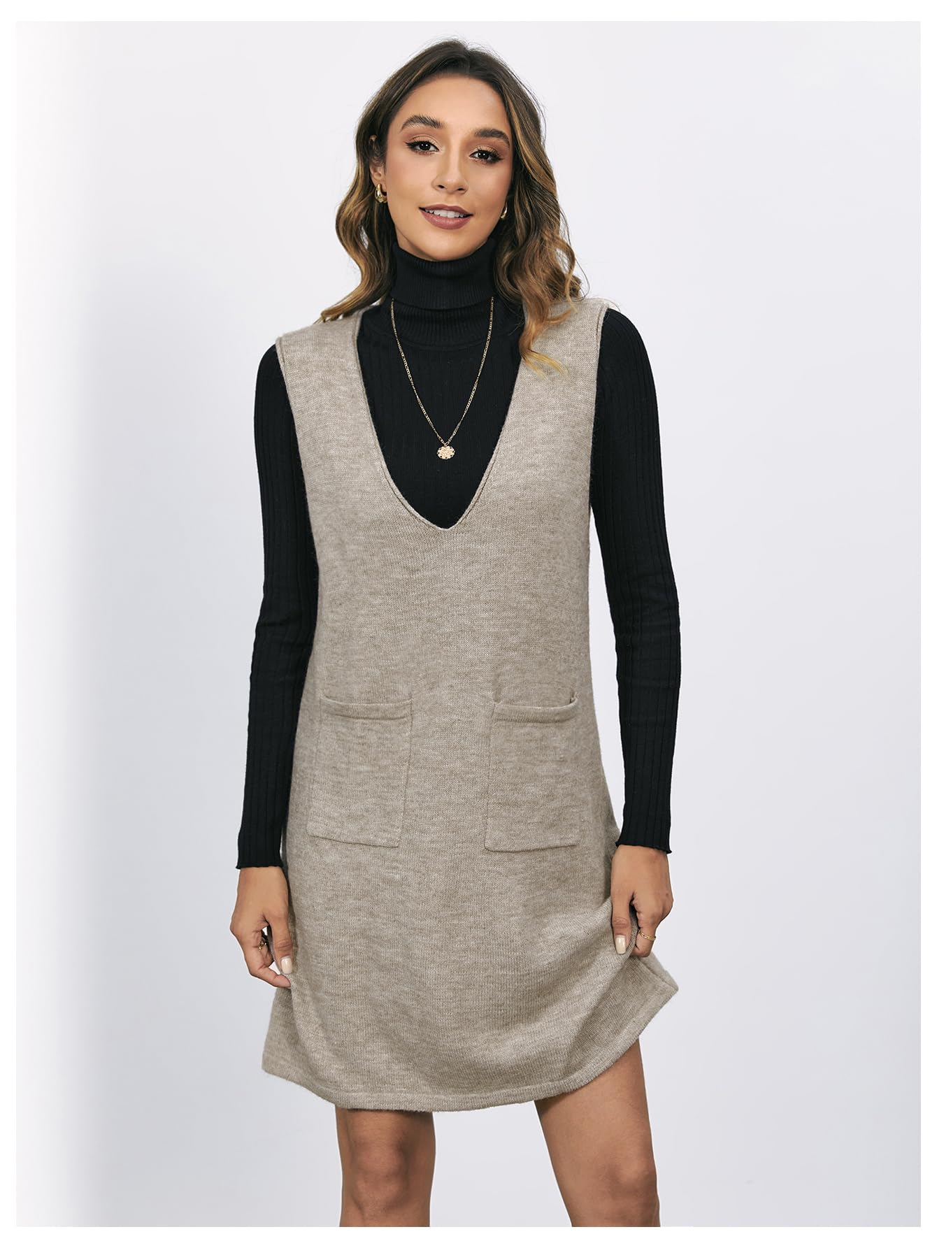 OYOANGLE Women's V Neck Sleeveless Knitted Solid Short Sweater Dress with Pockets Khaki M