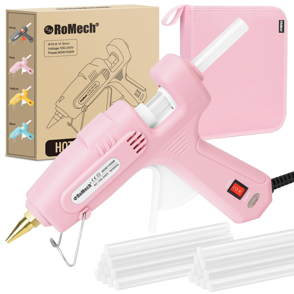 ROMECH Full Size Hot Glue Gun with 60/100W Dual Power and 21 Hot Glue Sticks (7/16"), Fast Preheating Heavy Duty Industrial Gluegun with Storage Case for Crafting, DIY and Repairs (Pink)