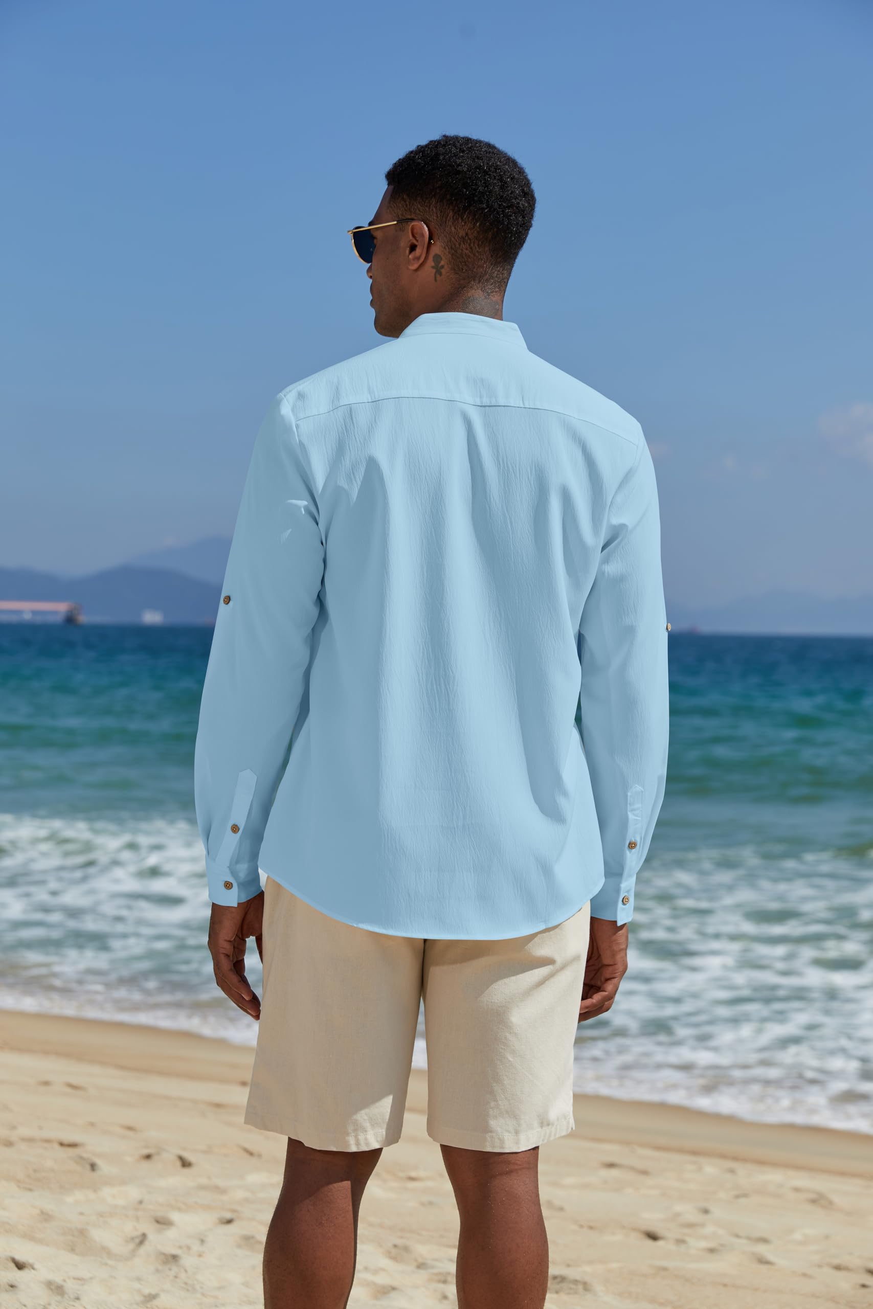 COOFANDY Men's T-Shirts Henley Shirts Summer Long Sleeve Beach Shirts Plain Casual Hippie Breathable Shirts Blue