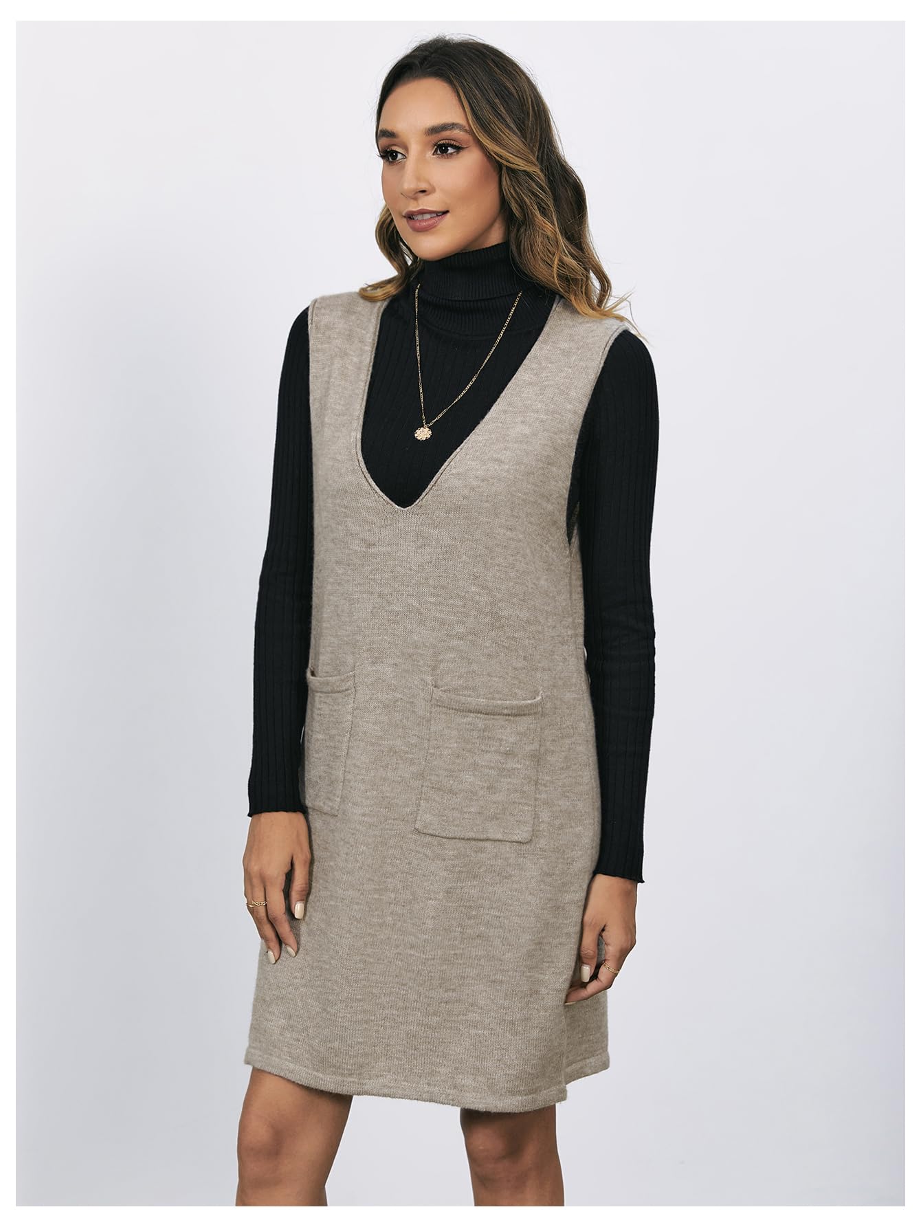 OYOANGLE Women's V Neck Sleeveless Knitted Solid Short Sweater Dress with Pockets Khaki M