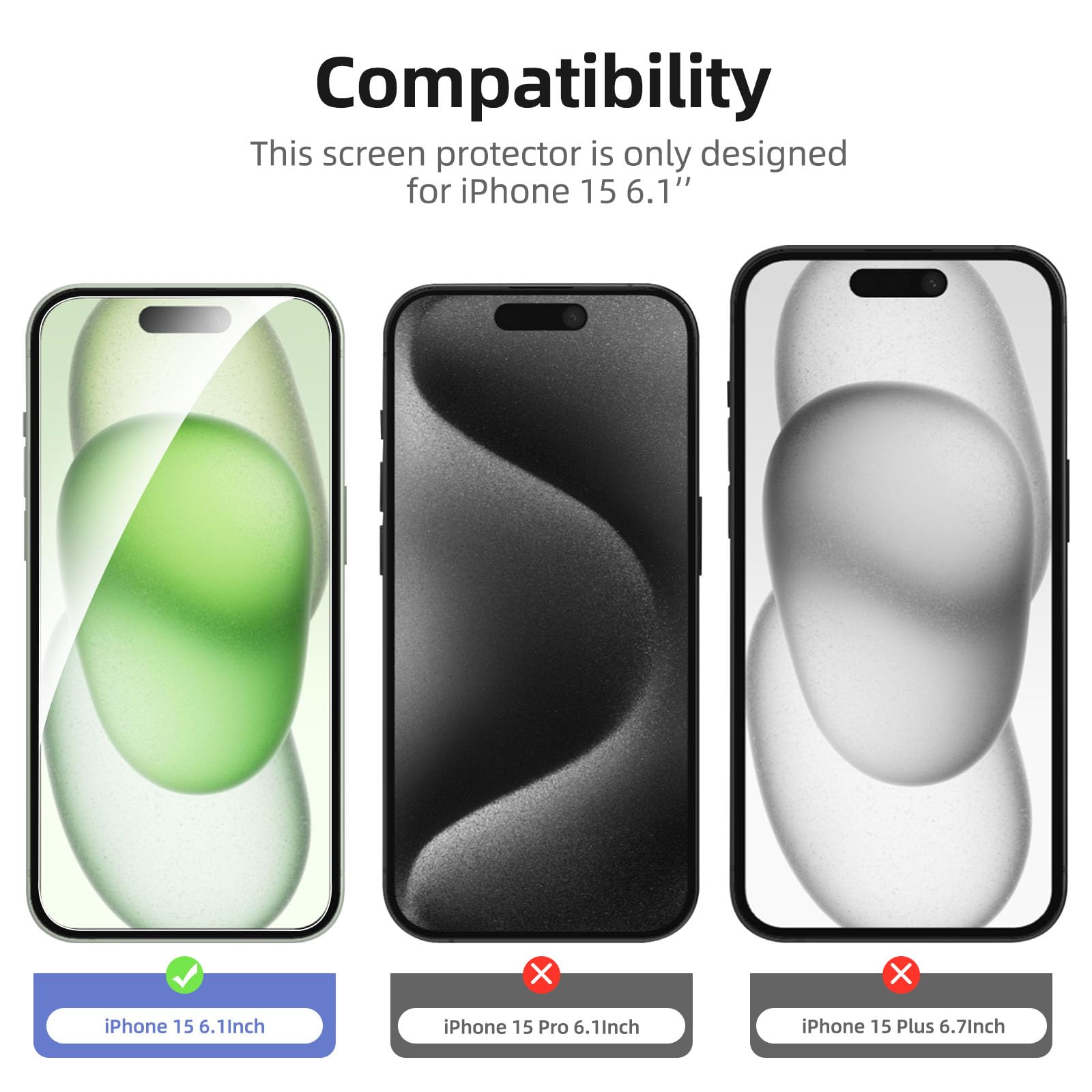 NEW'C 4 Pack, 2 Pack Screen Protector for iPhone 15 [6.1 inch] + 2 Pack Camera Lens Protector, Sensor Protection,Case Friendly Tempered Glass Film