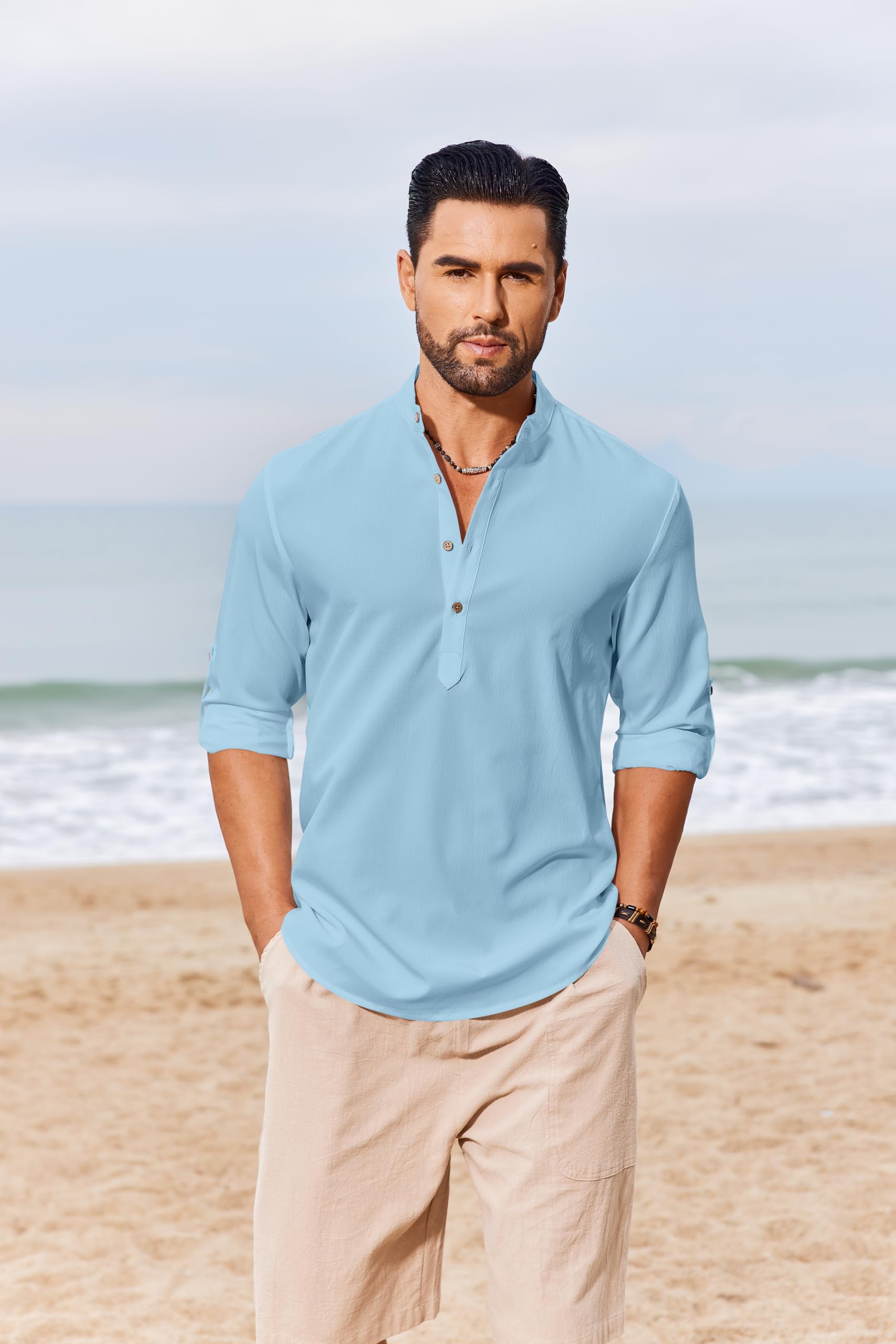 COOFANDY Men's T-Shirts Henley Shirts Summer Long Sleeve Beach Shirts Plain Casual Hippie Breathable Shirts Blue