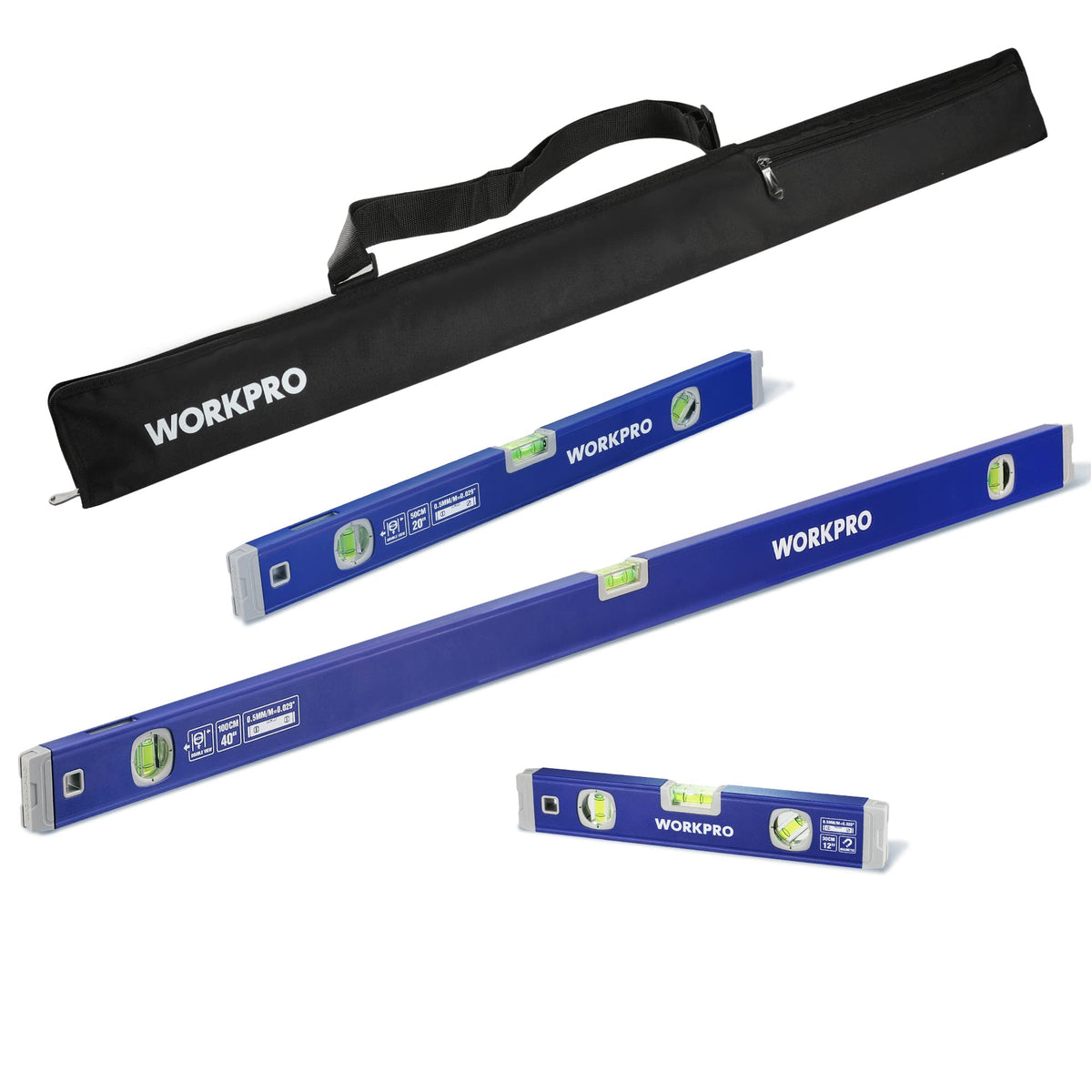 WORKPRO 3-Piece Spirit Level Set (12", 20", 40"), Level Set with Magnetic Torpedo Level, 45°/90°/180°Bubbles Measuring, Open Top View Design, Aluminium Alloy Levels with Carrying Bag